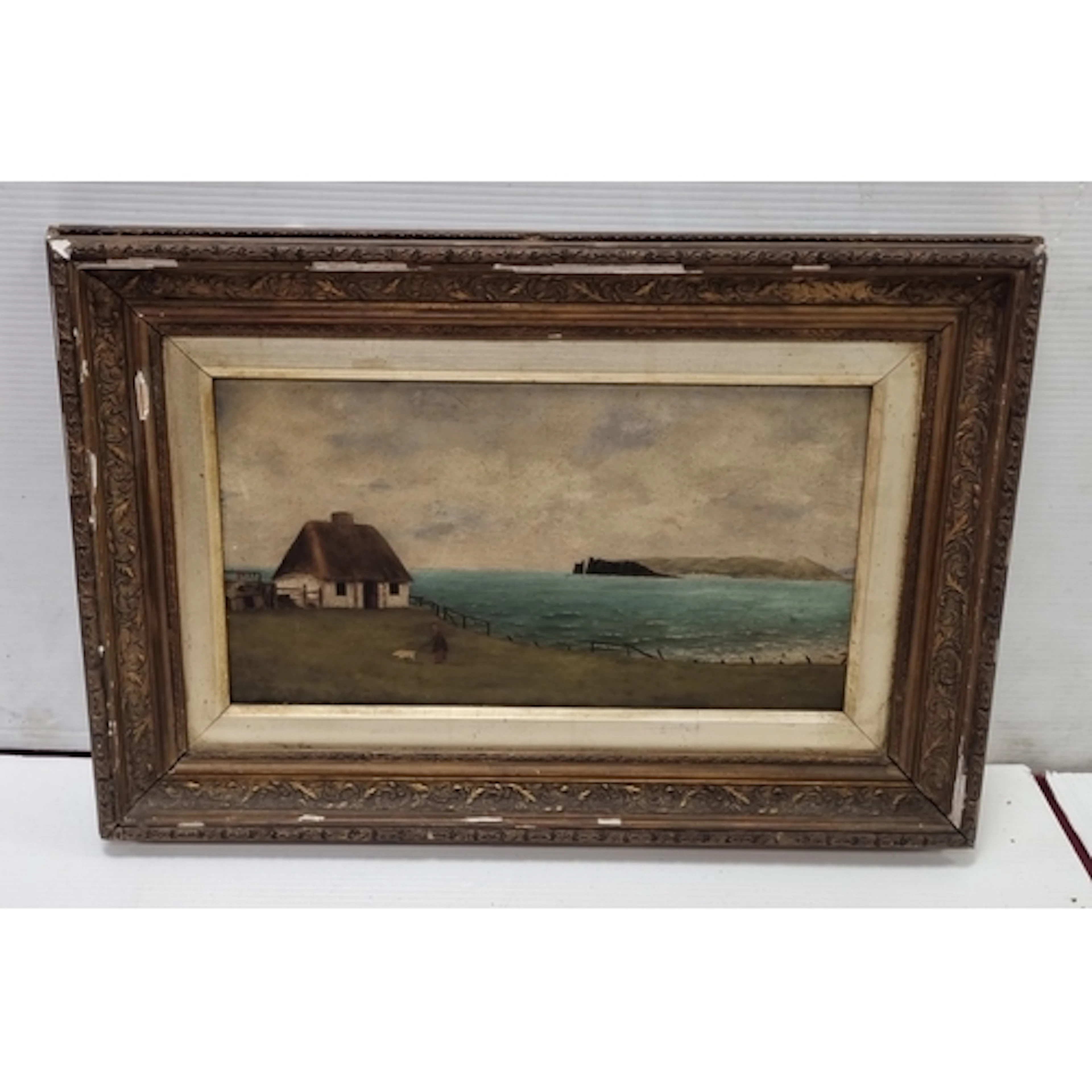 Oil on canvas landscape painting of a coastal cottage scene ...