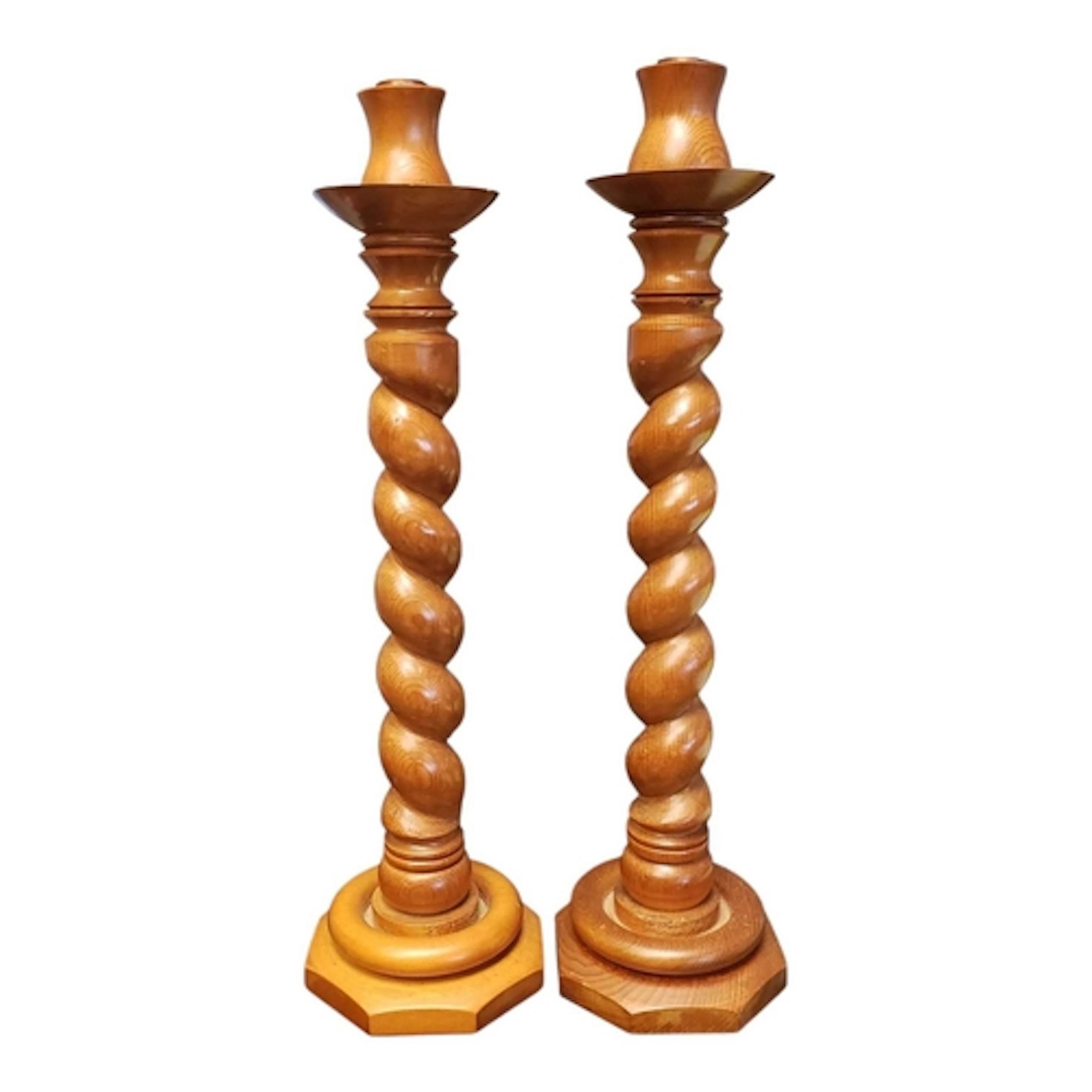 Pair of mid cenury boxwood barley twist candlestick holders....