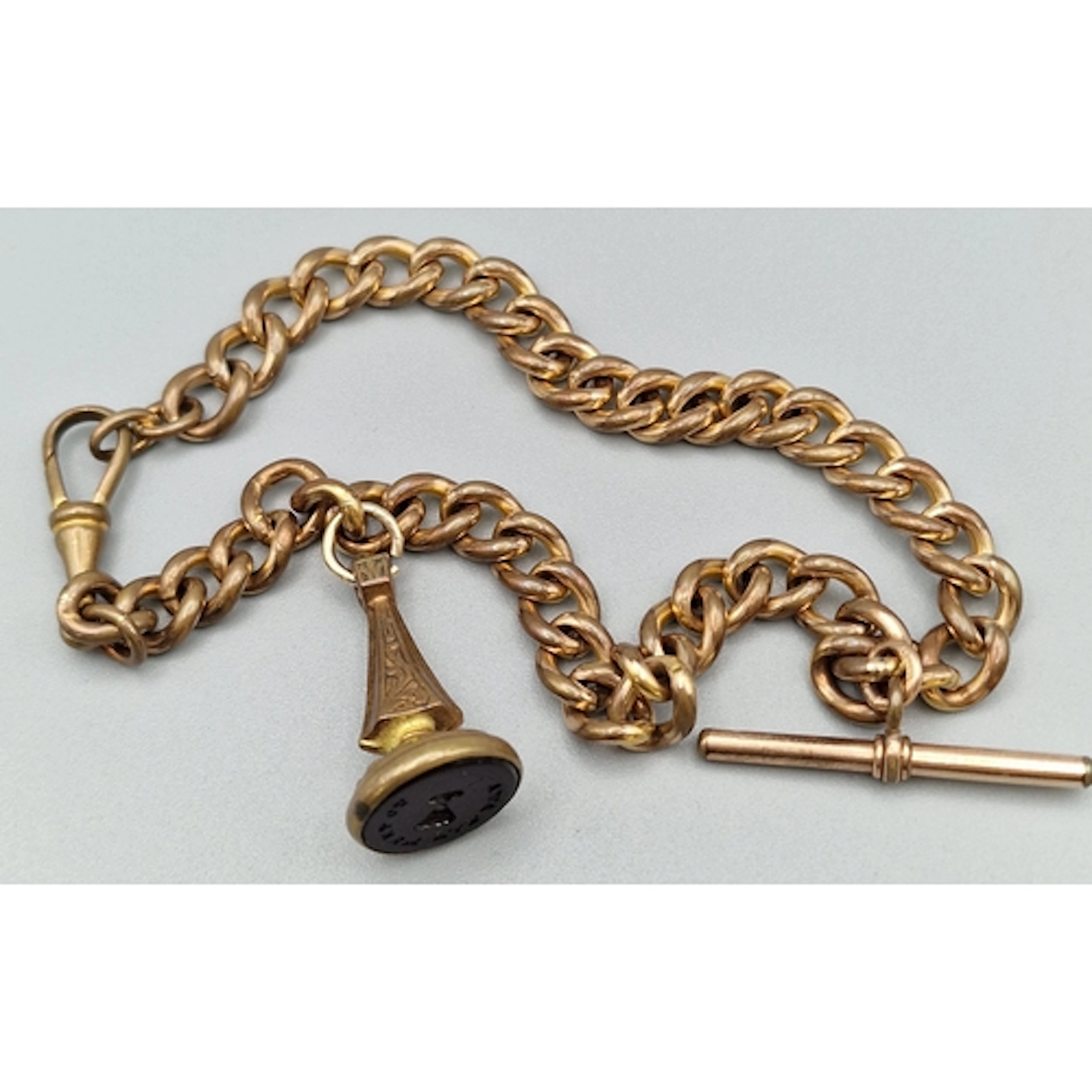 Edwardian gold plated curb-link 'T' bar pocket watch chain w...