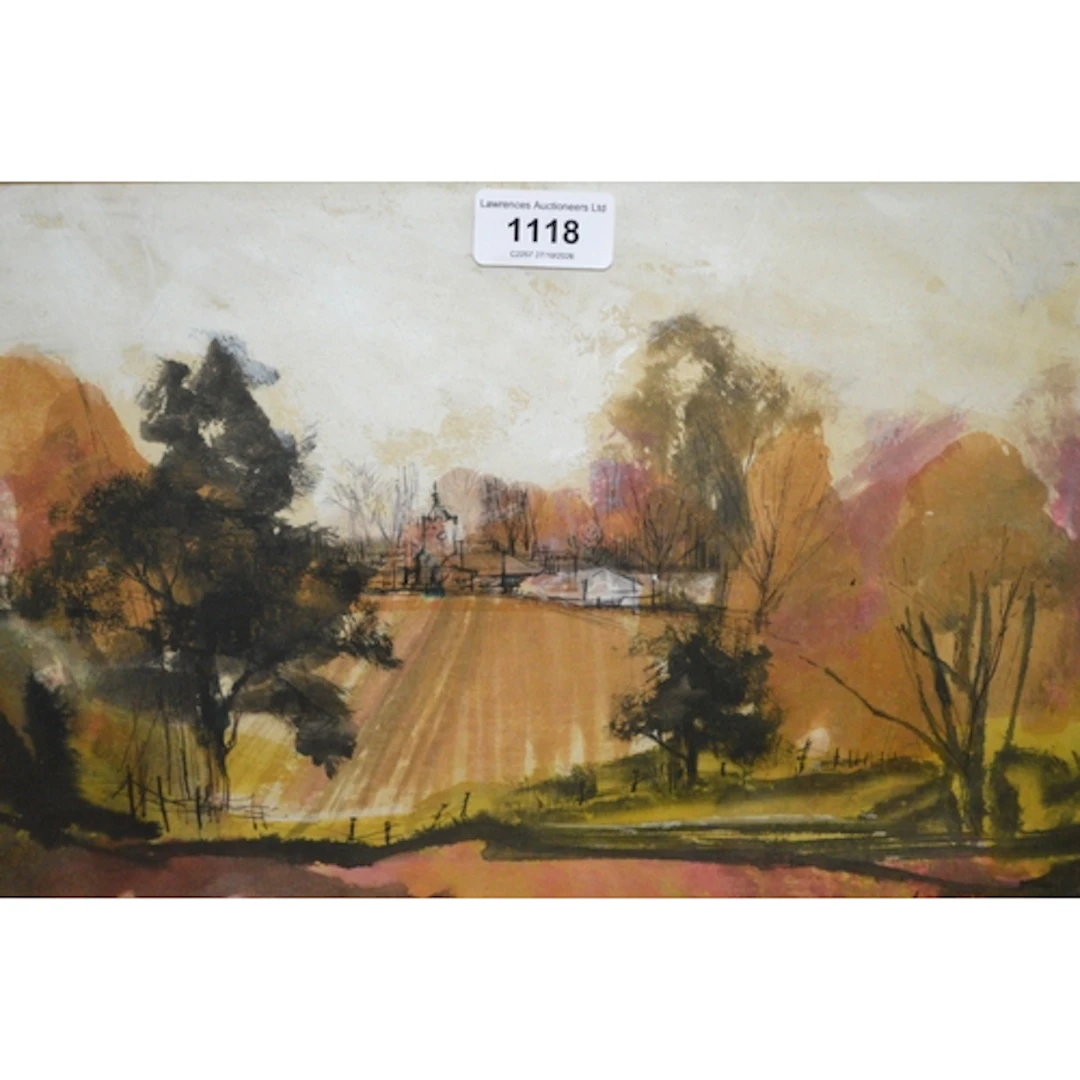 John Cort, watercolour, landscape with distant church, dated...