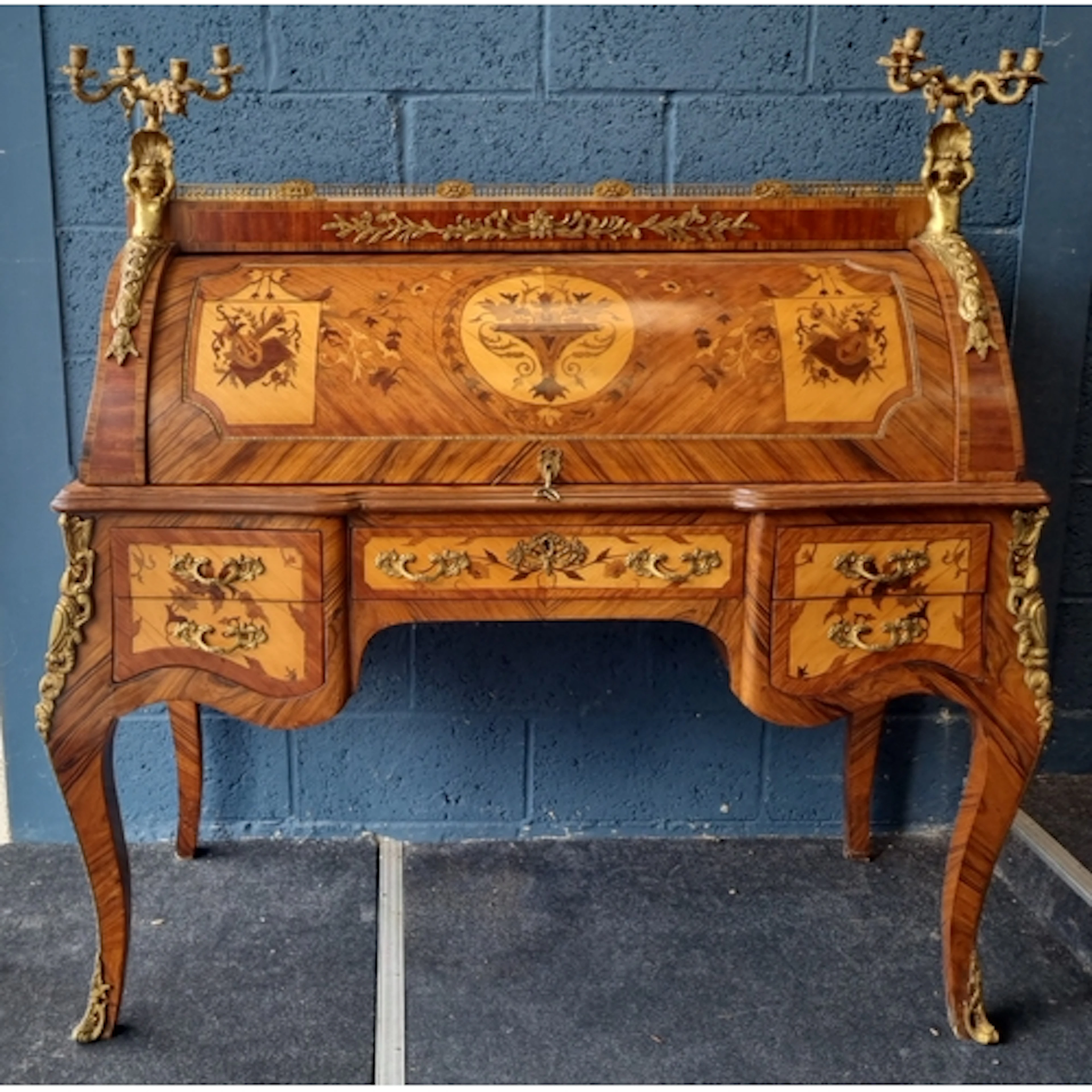 Louis XV-style marquetry cylinder bureau profusely inlaid wi...