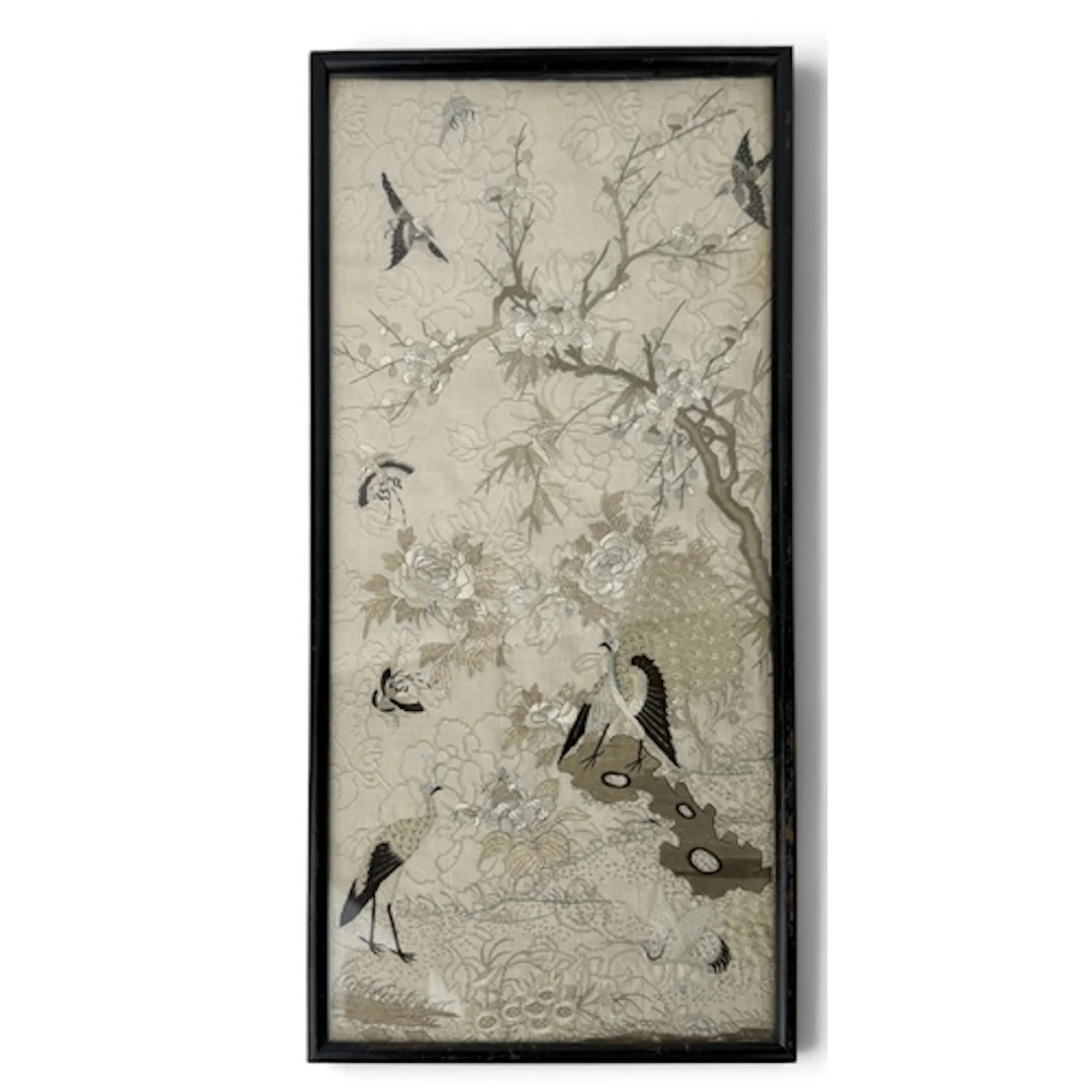 A CHINESE SILK EMBROIDERY Depicting birds and butterflies am...