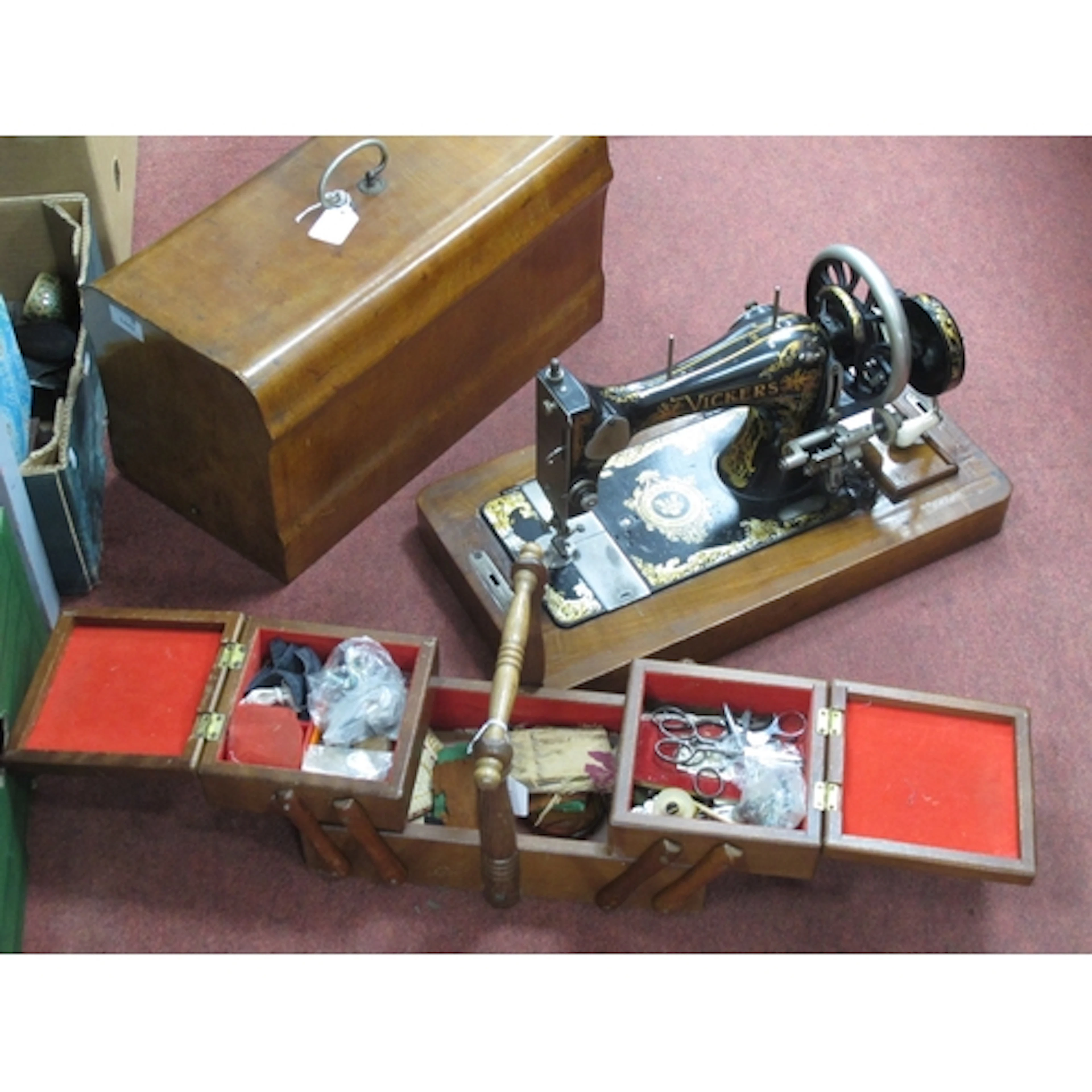 Sewing machine and sewing box, including a c.1919 wooden cas...