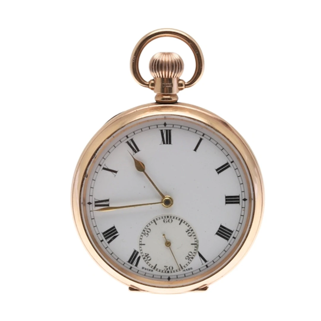 A 9CT GOLD OPEN FACED POCKET WATCH. the white enamel dial wi...