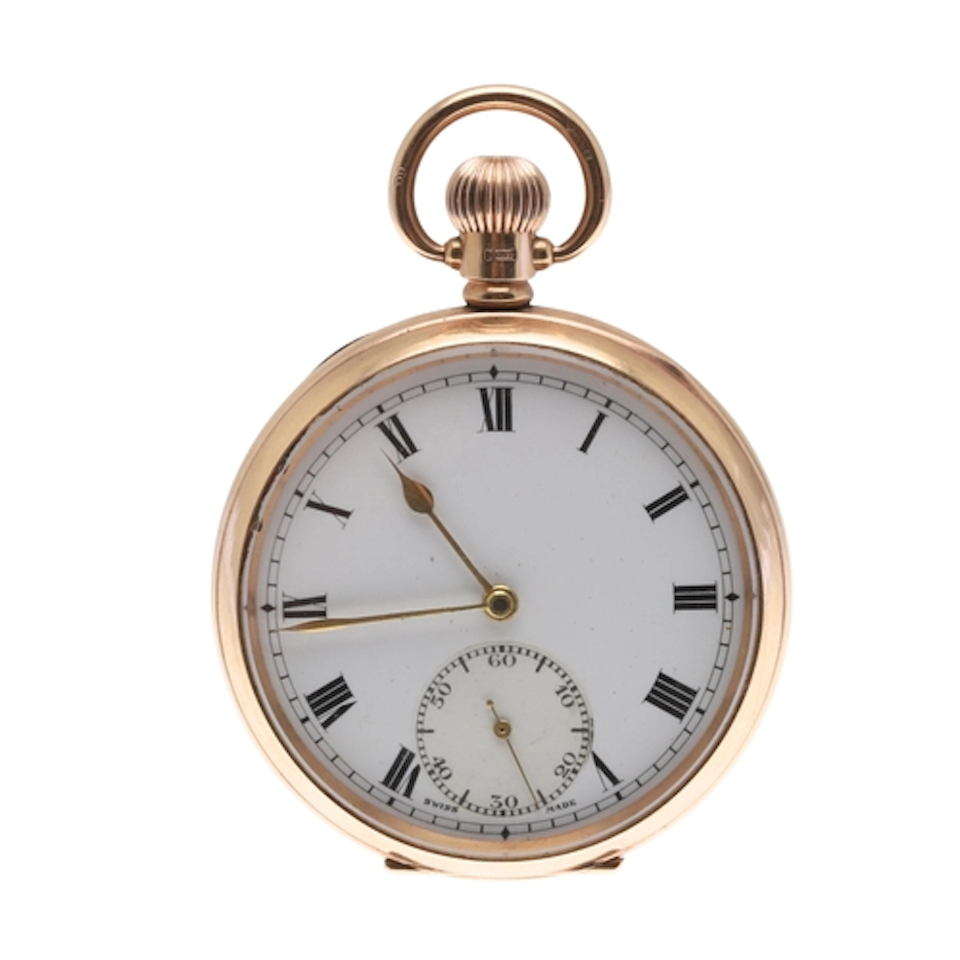 A 9CT GOLD OPEN FACED POCKET WATCH. the white enamel dial wi...