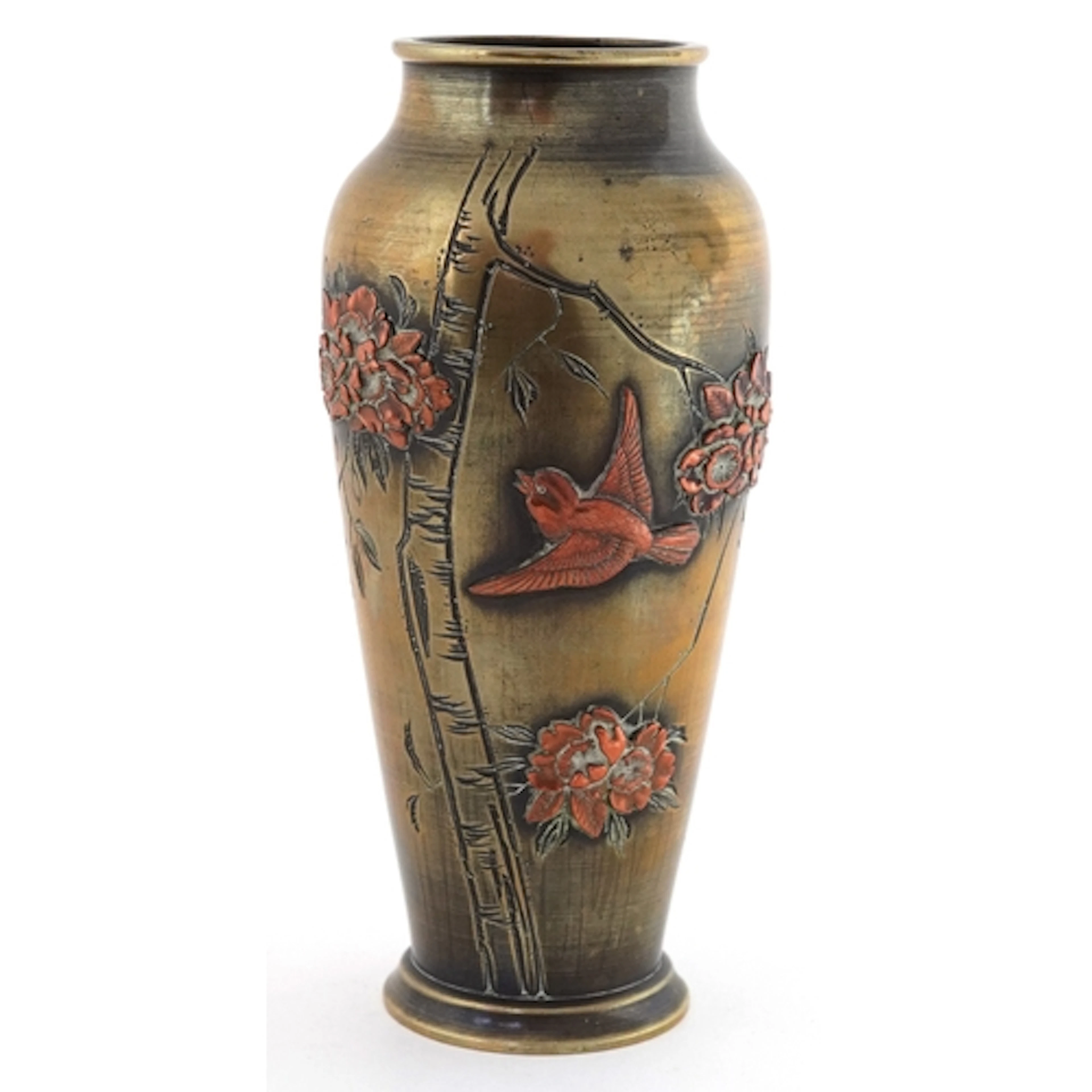 Japanese bronze vase decorated with a prunus tree and raised...