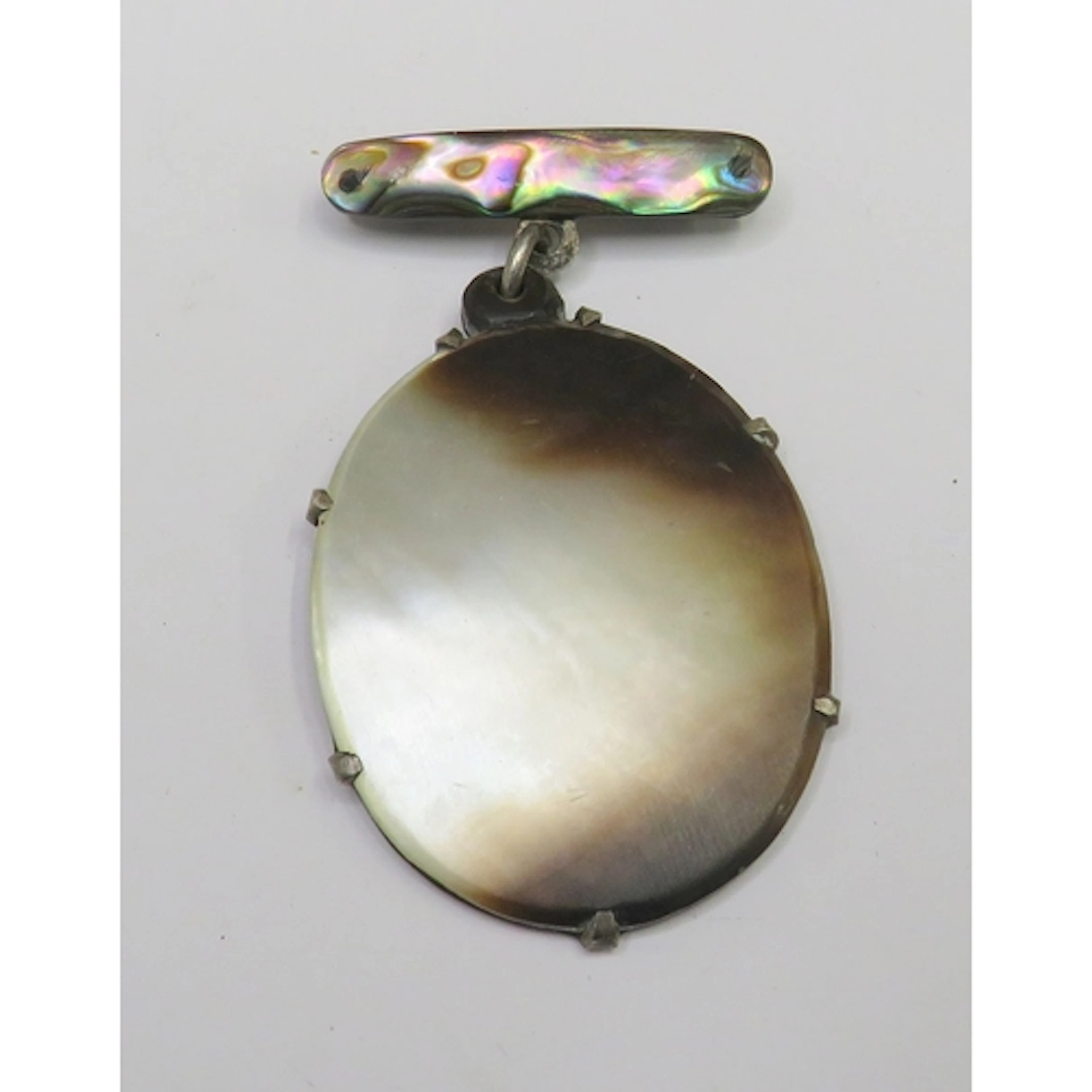 Antique Oval Mother of Pearl Silver Backed Pendant hanging f...