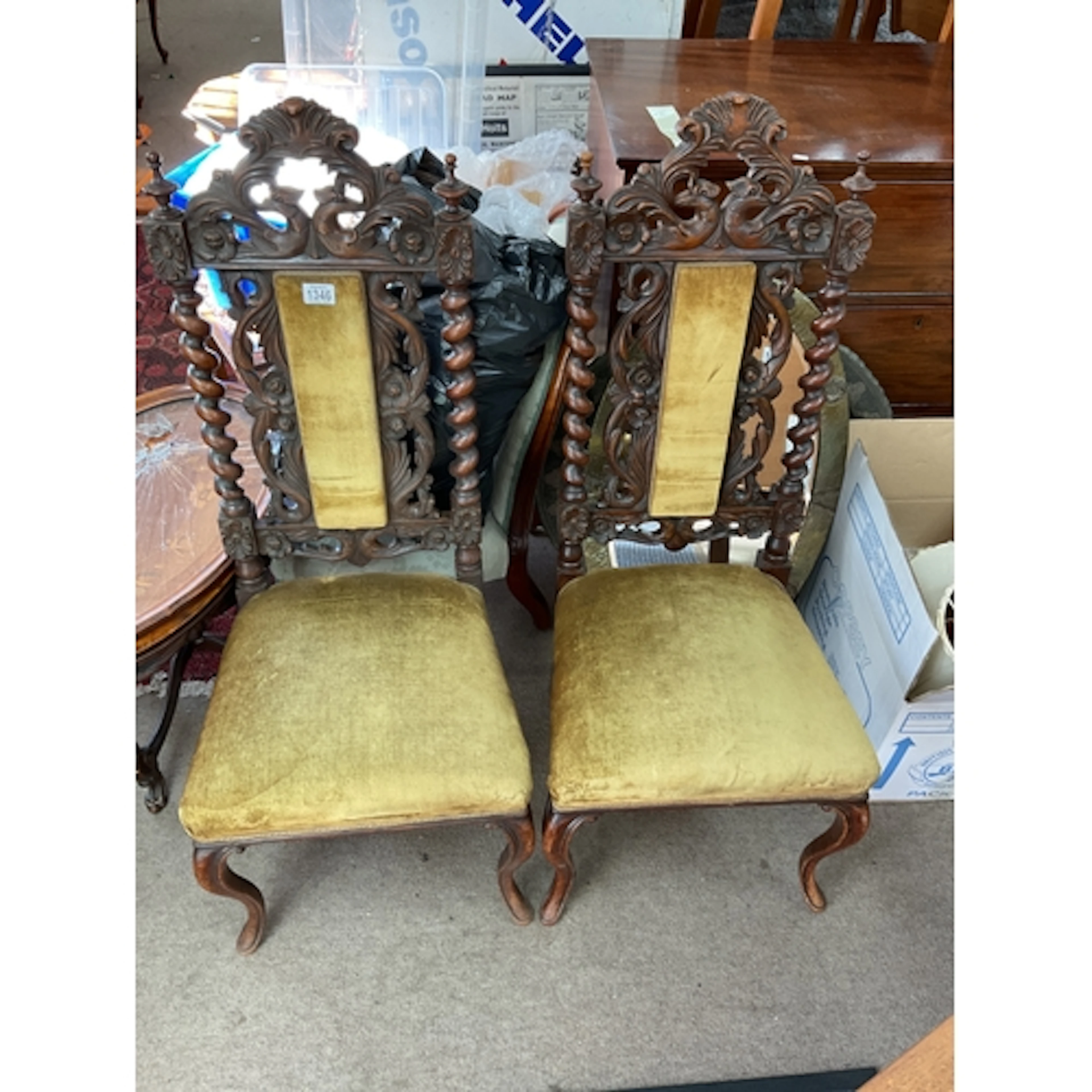 Pair upholstered Jacobean style chairs.