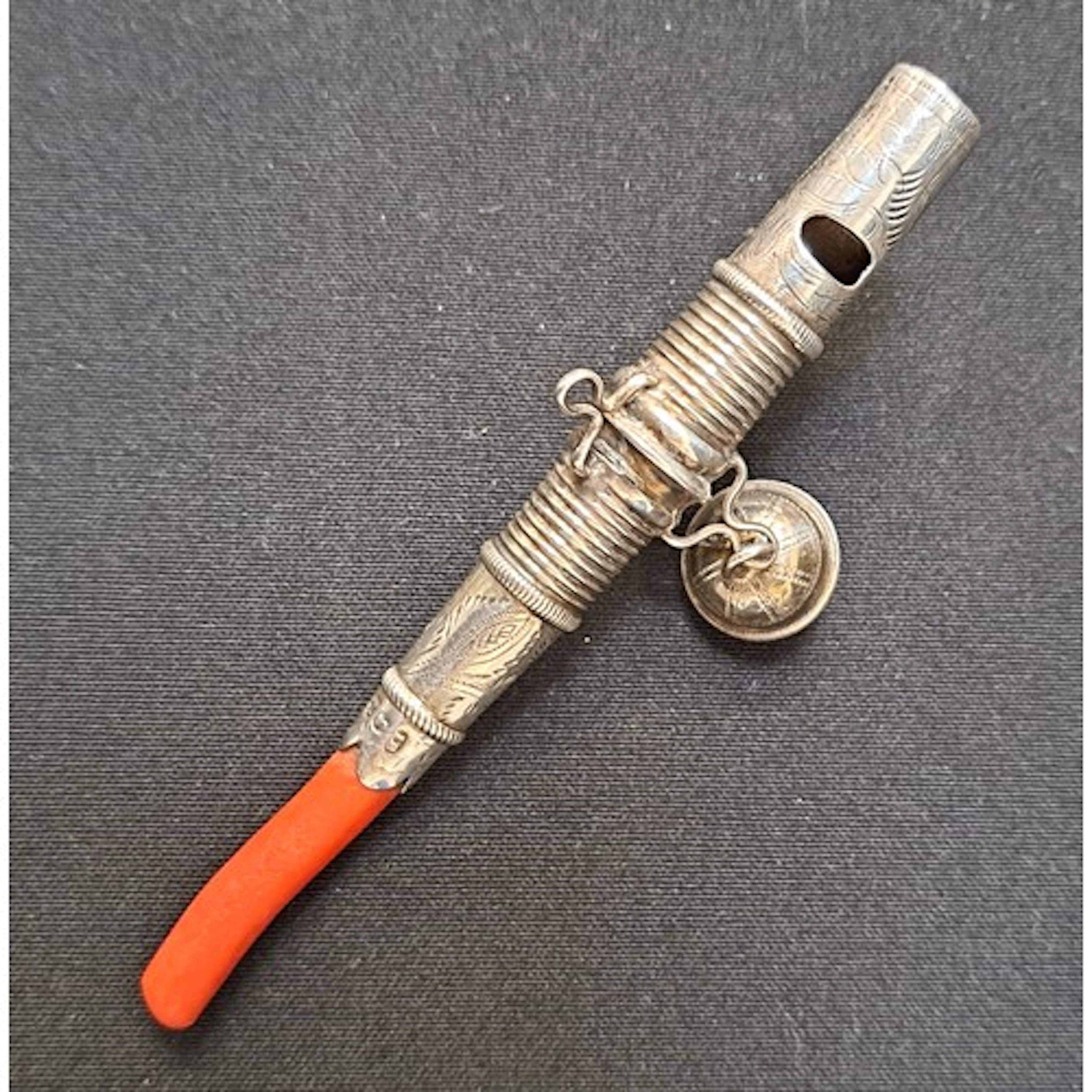 GEORGIAN SILVER RATTLE with integrated whistle and one bell ...