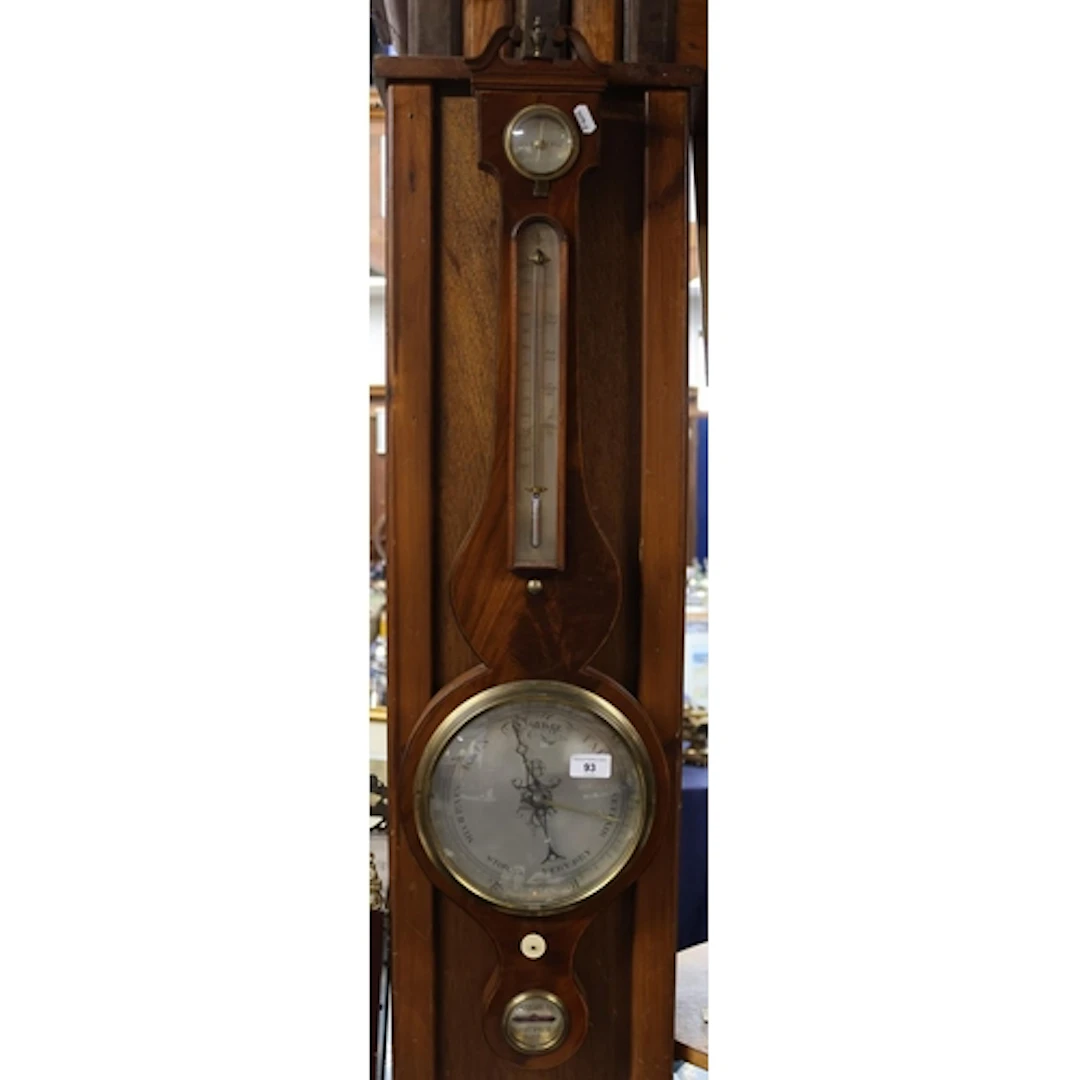 Mahogany banjo barometer with stem thermometer, circular bru...