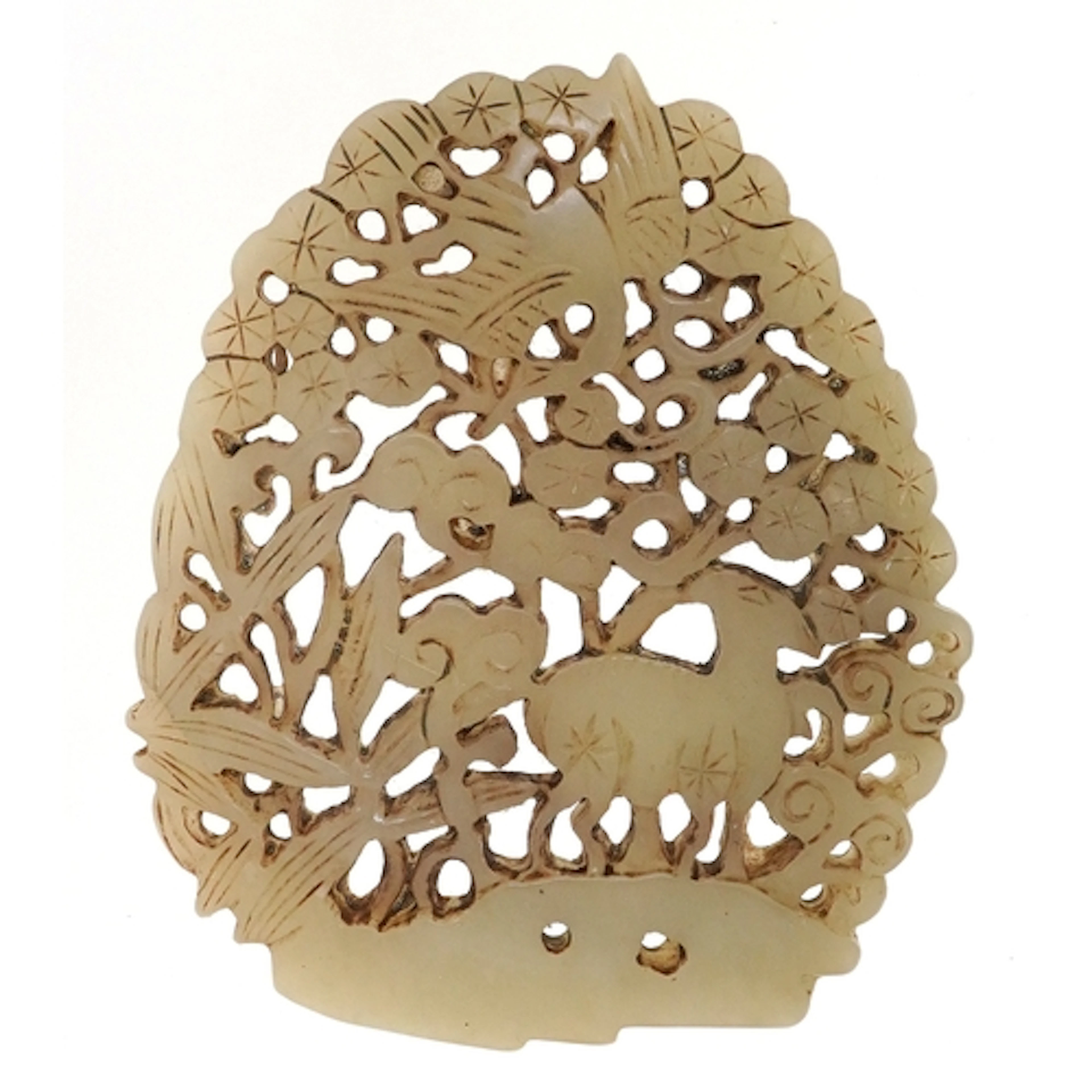 Chinese green stone panel carved an pierced with animalia, 7...
