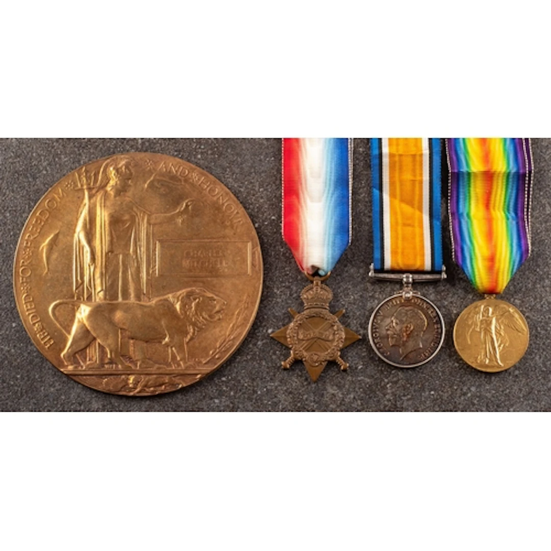 A WWI Trio and death plaque to '15616 Pte C Mitchell Manch R...