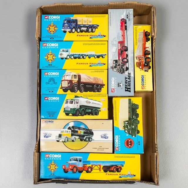 Fruit tray containing 9 boxed Corgi commercial vehicles to i...