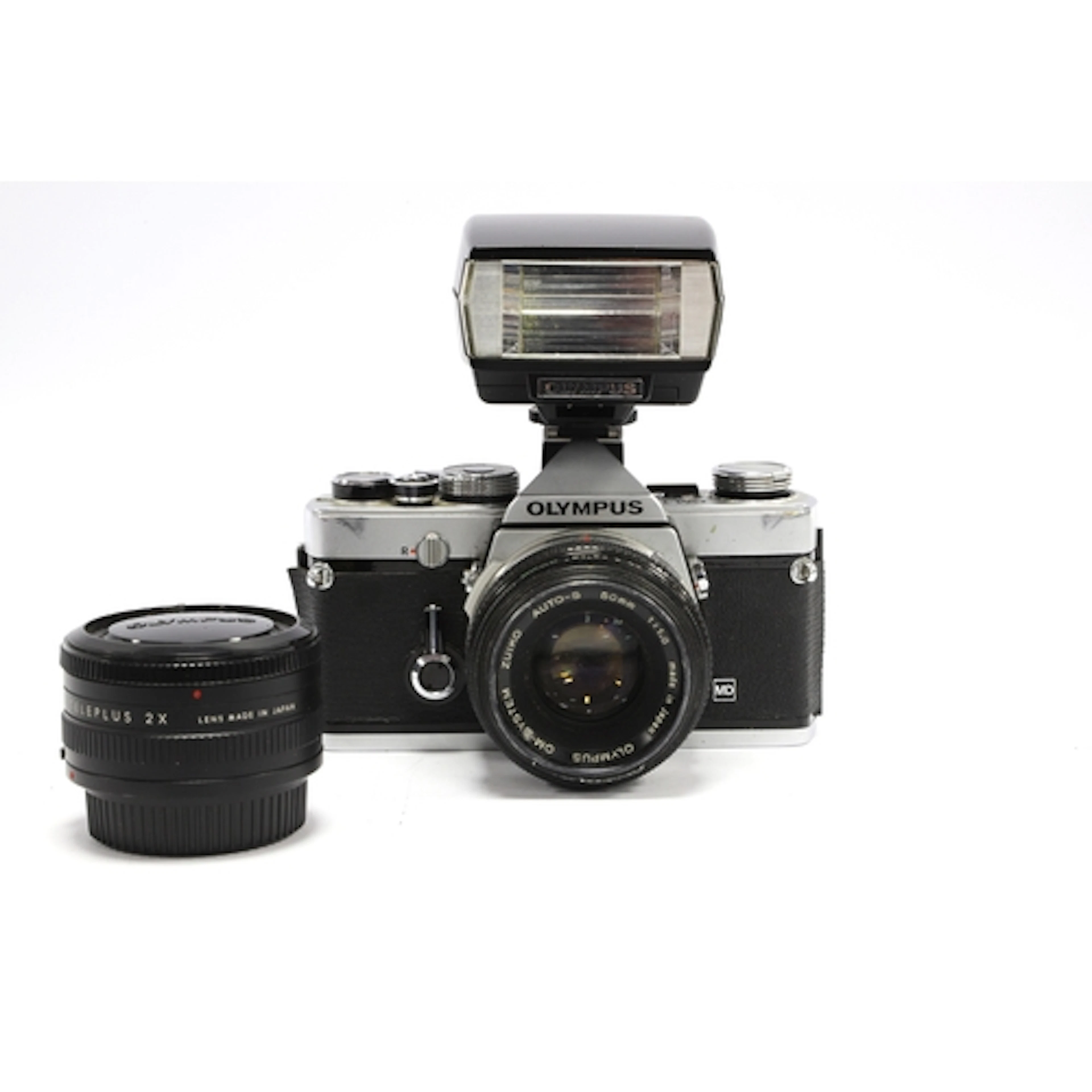 Olympus OM-1 MD 35mm SLR Film Camera with attached Olympus A...