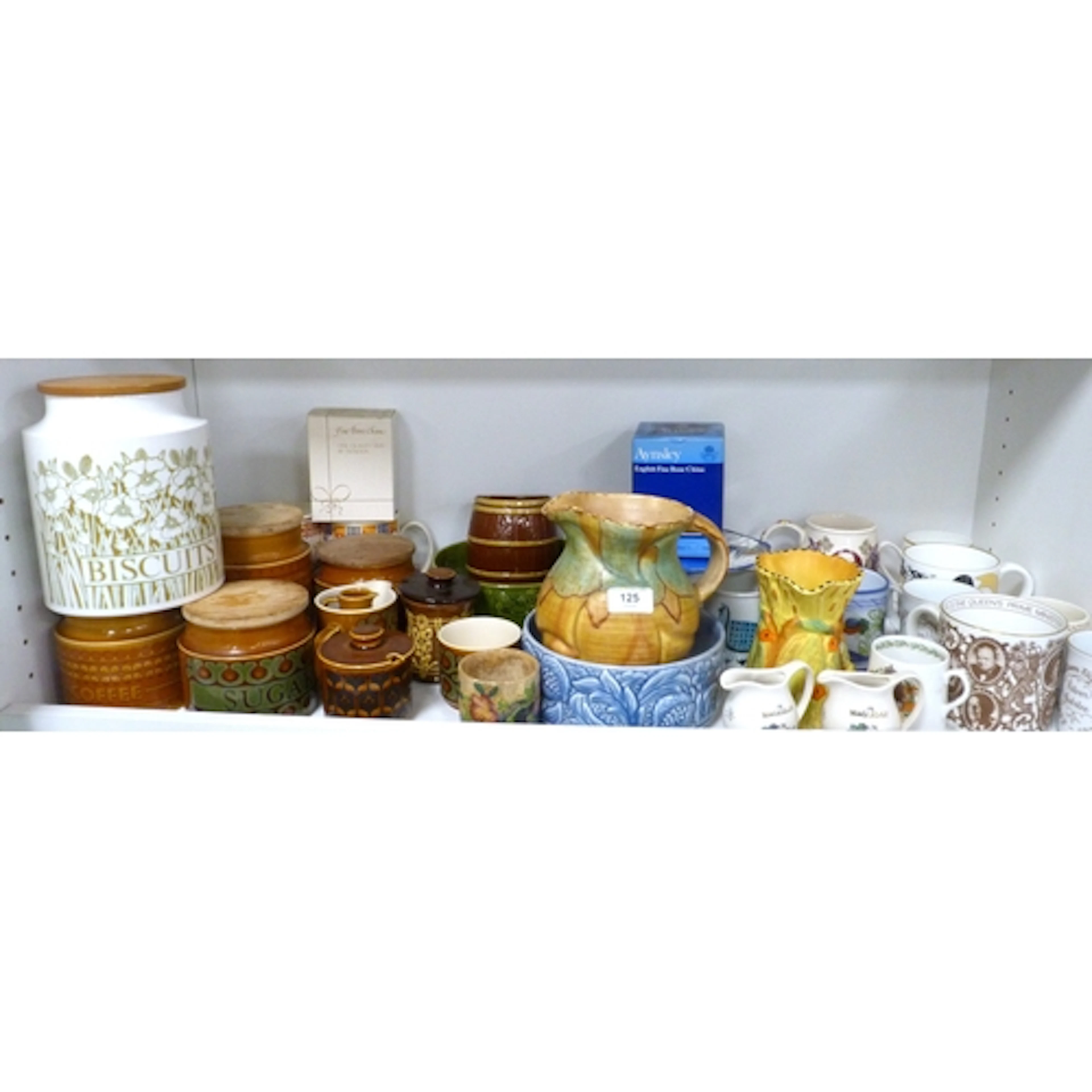 Shelf of porcelain and ceramics to include two MaCallan whis...