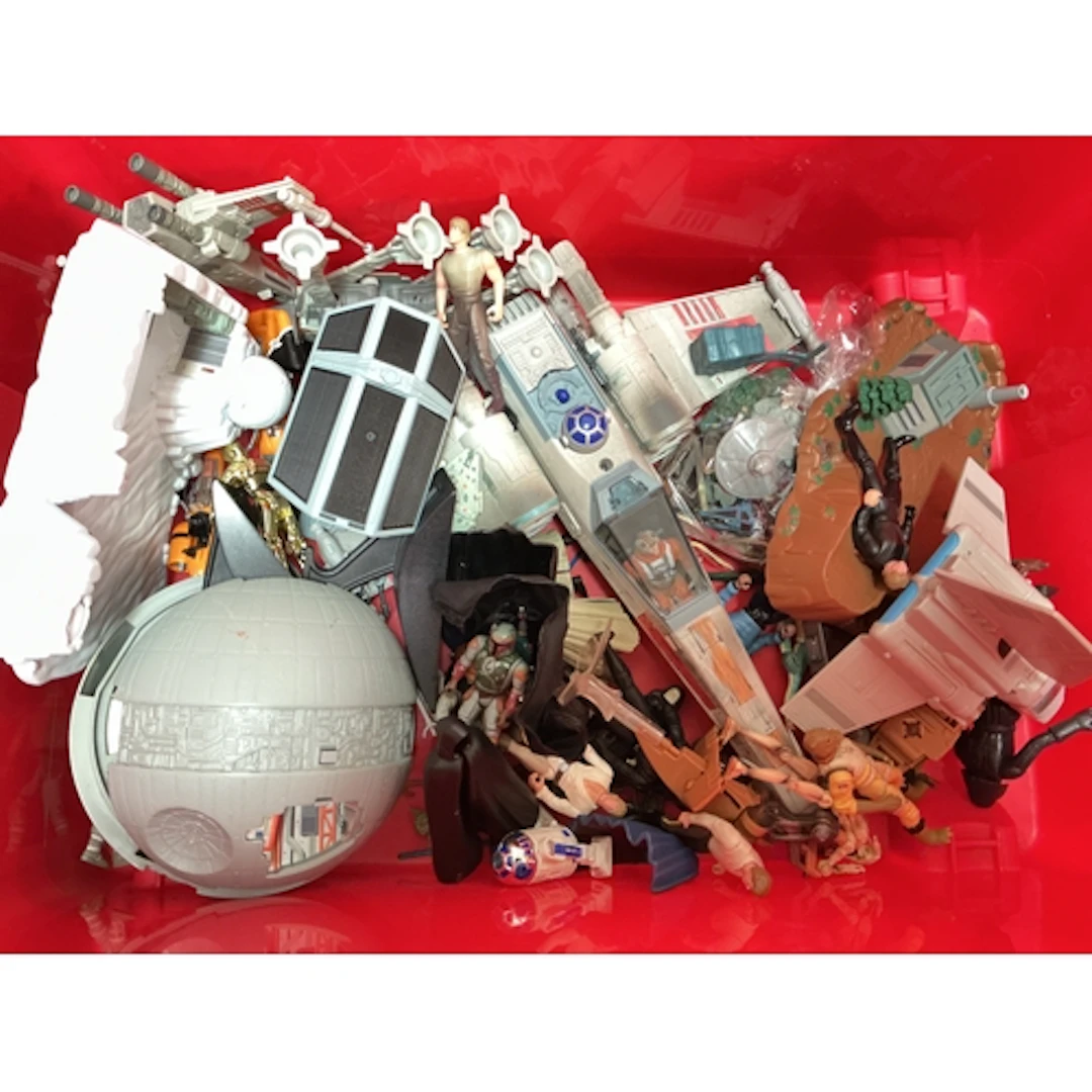 A Box Containing Loose 1990s Star Wars Figures And Microsoft...