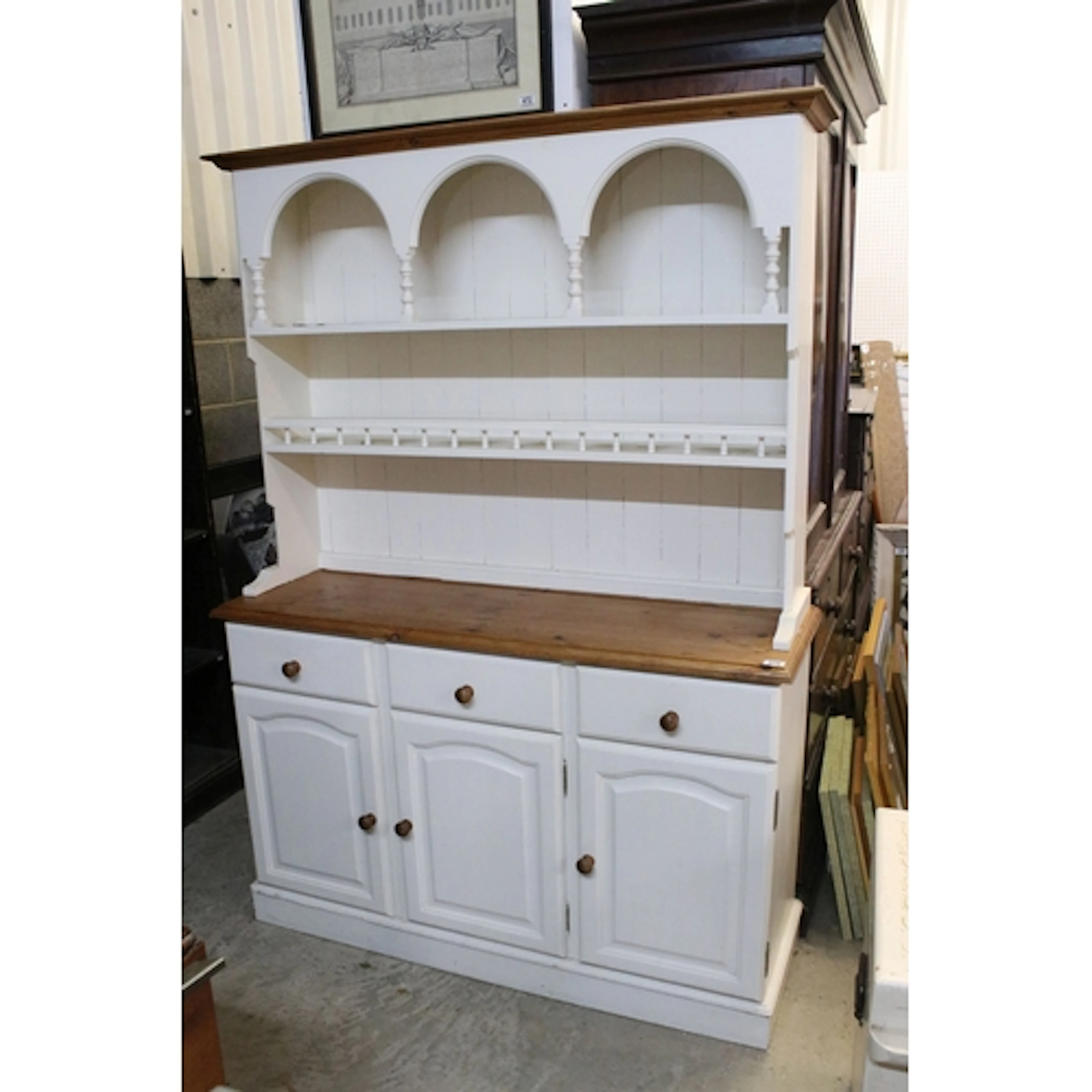 20th century part painted pine kitchen dresser, having arche...