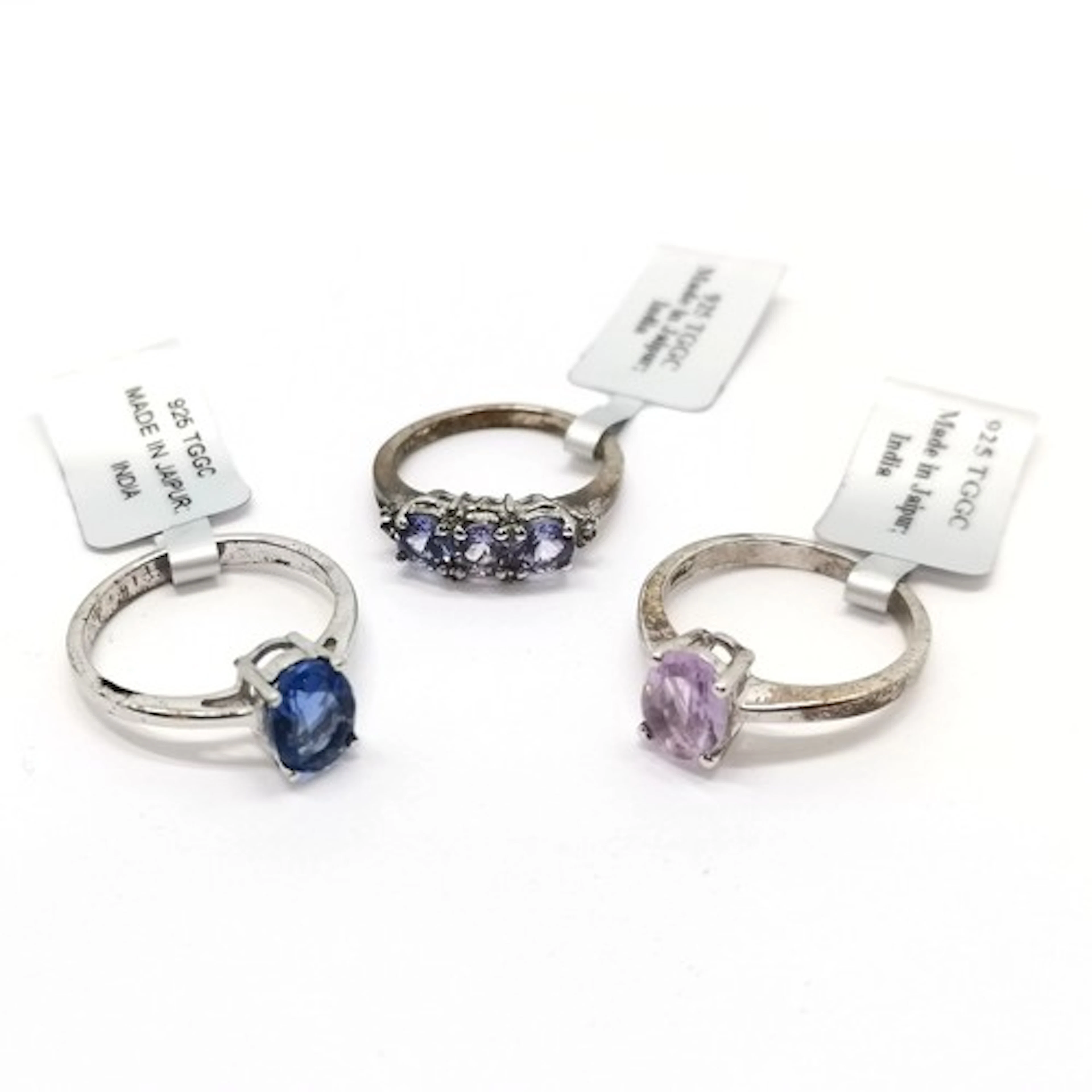 3 x silver gemstone set rings - Rose de France amethyst, Tan...