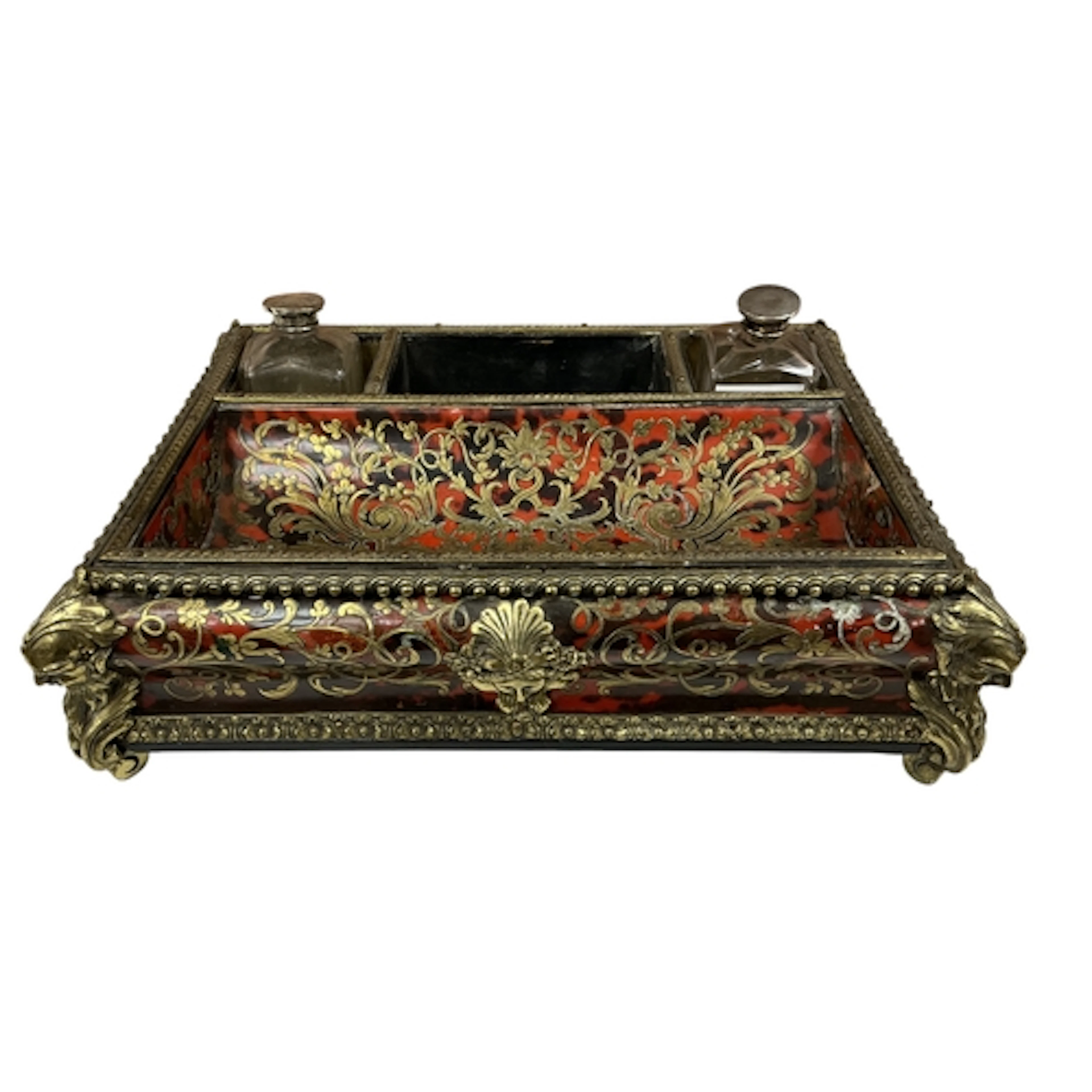 A 19th century French boulle inkstand with associated white ...