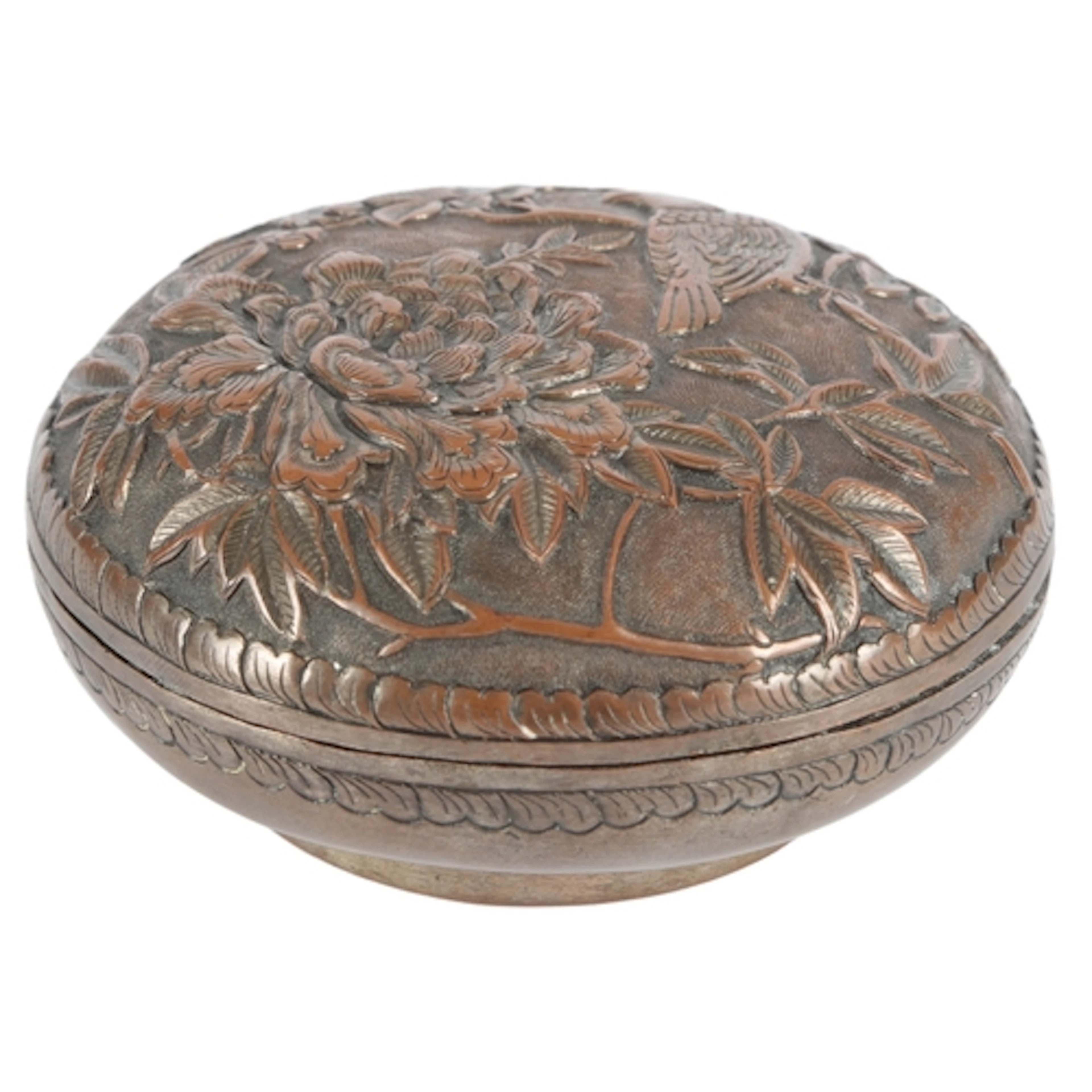 A Chinese copper repoussé work cosmetics box, Hu Wenming mar...