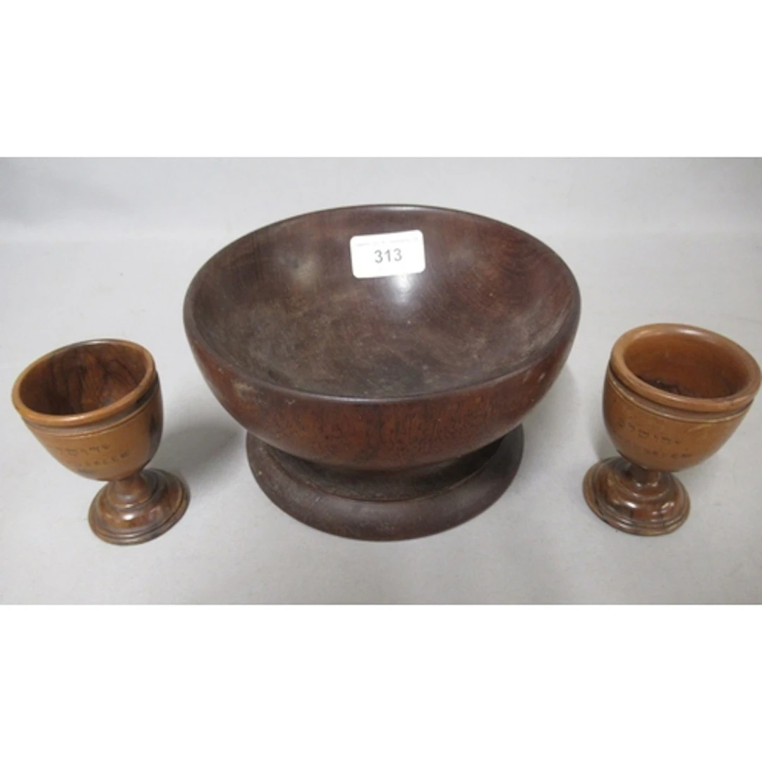 Small treenware bowl, 16cm diameter, together with two olive...