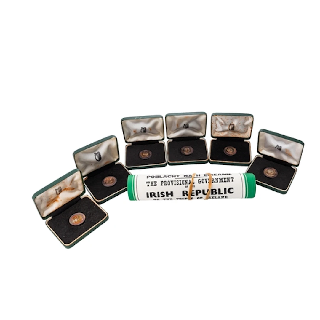6 X 1966 IRISH PEARSE TONED PROOF SILVER COINS, boxed, but s...