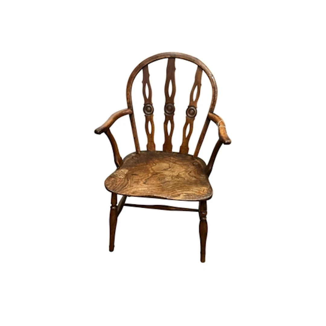 A 19th century Prior style yew and elm Windsor elbow chair, ...