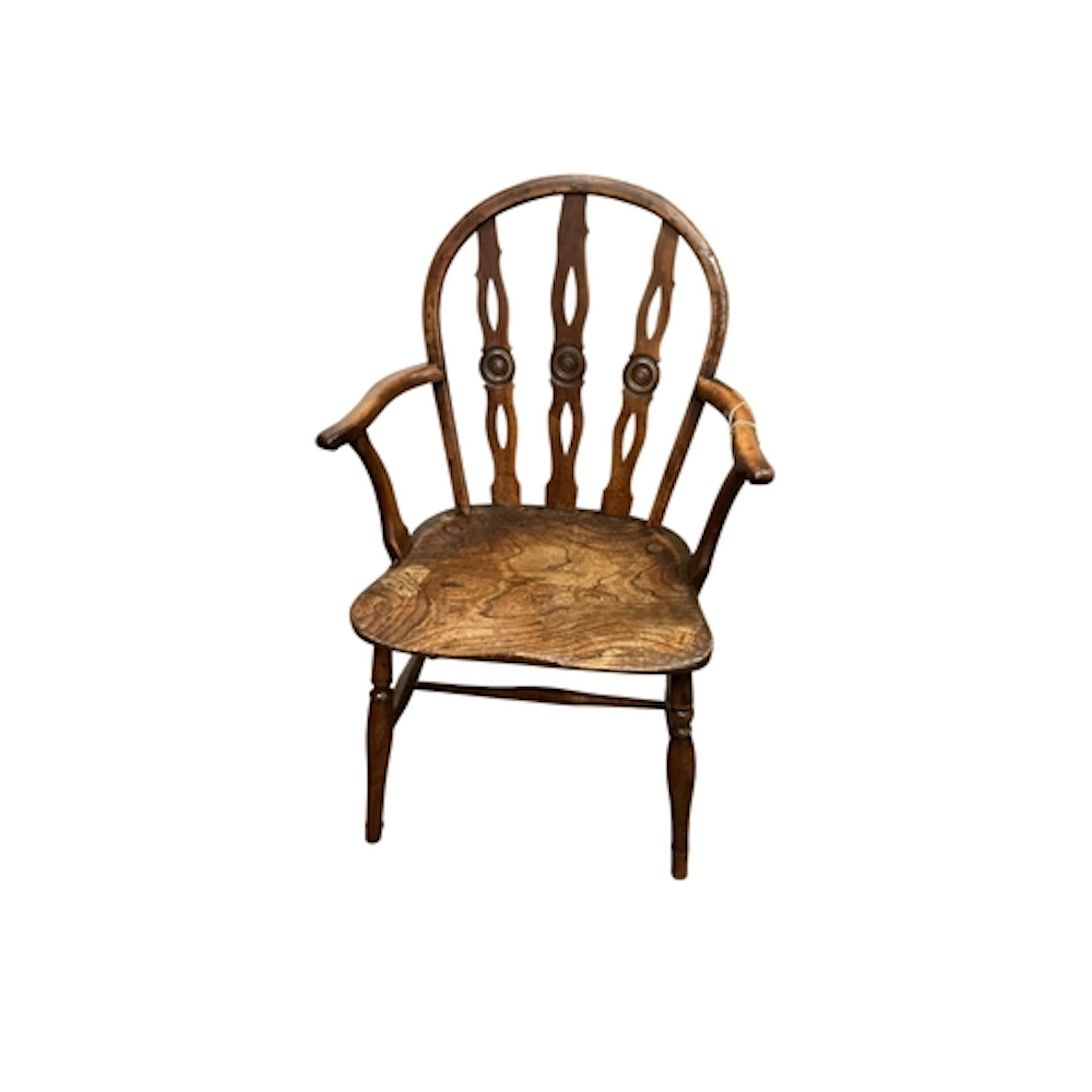 A 19th century Prior style yew and elm Windsor elbow chair, ...