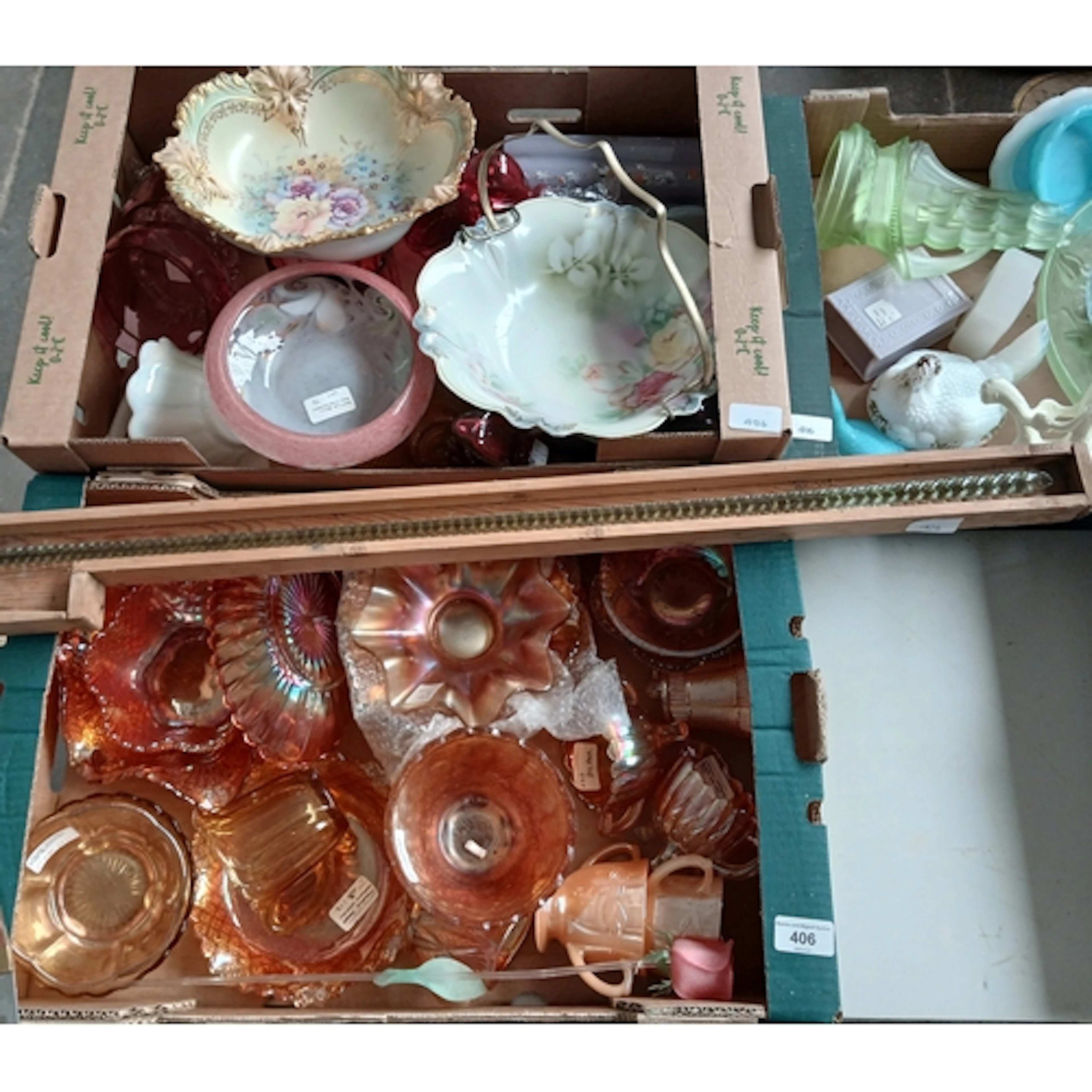 3 boxes of glass including Carnival, cranberry, Jobling, an...