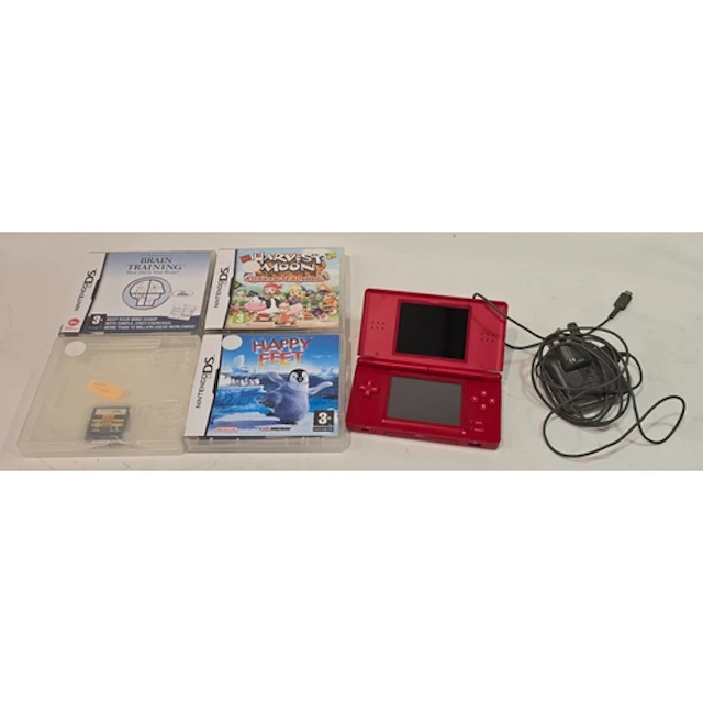 A Nintendo DS Lite red handheld console in working order tog...