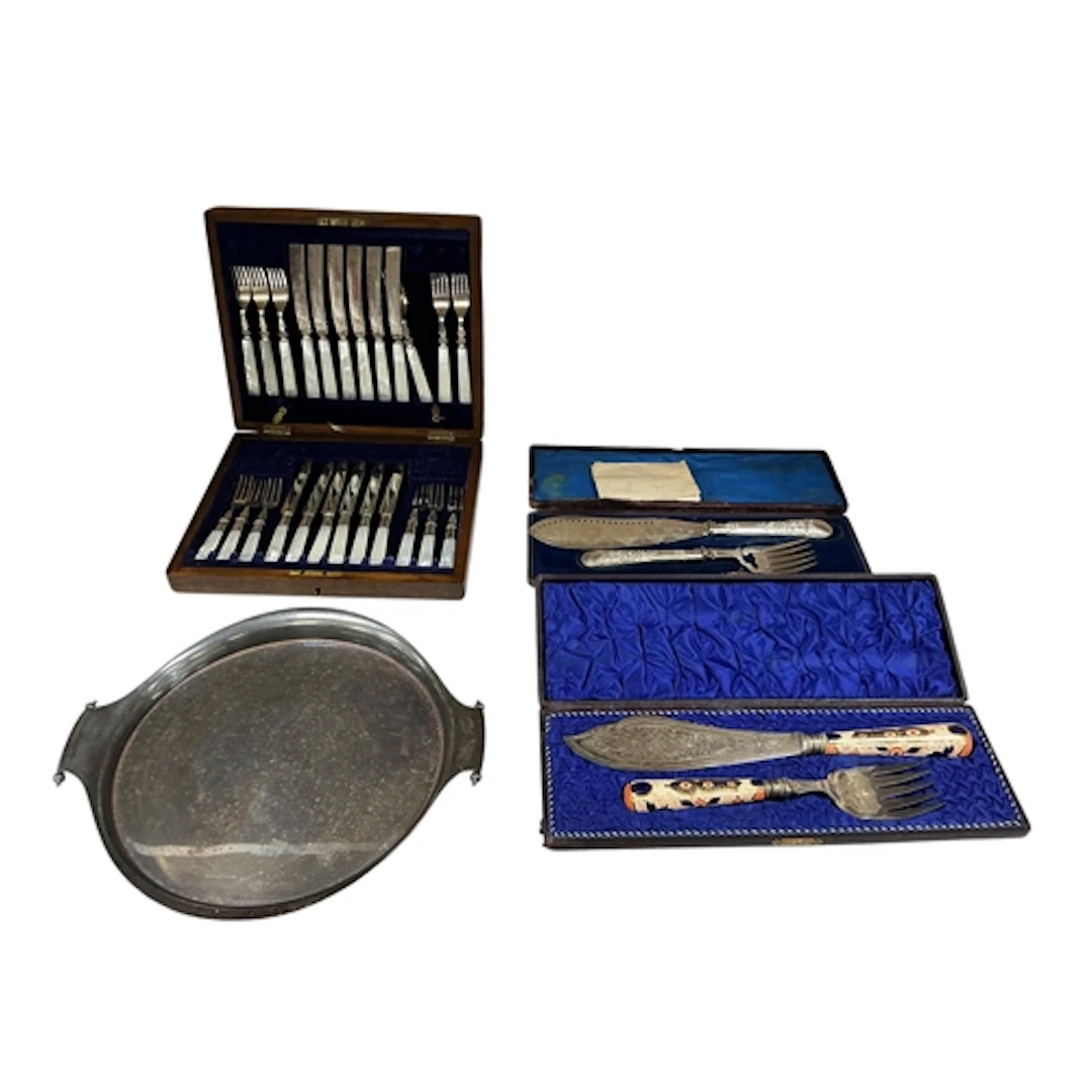 A collection of silver plate comprising fruit knives, fish s...