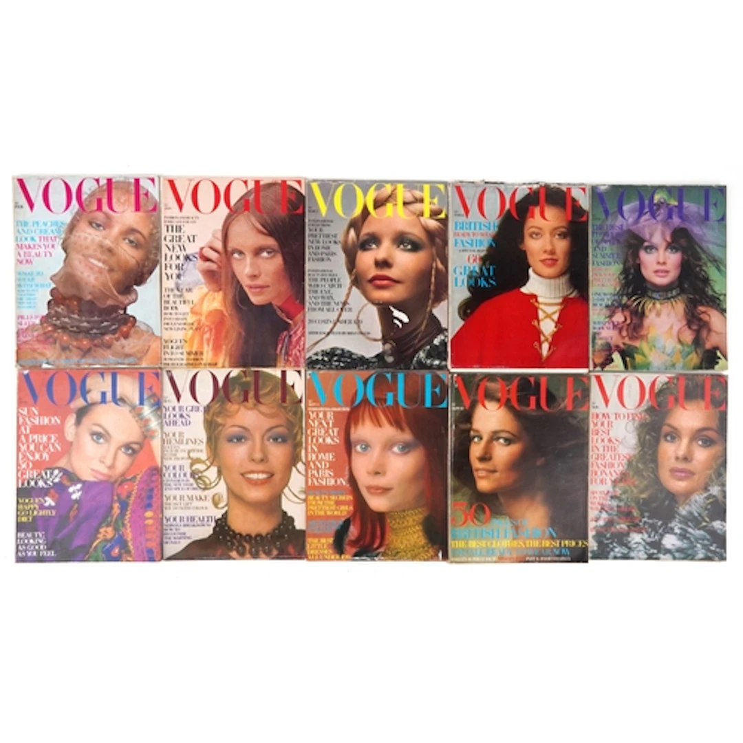 Collection of 1970 Vogue magazines.