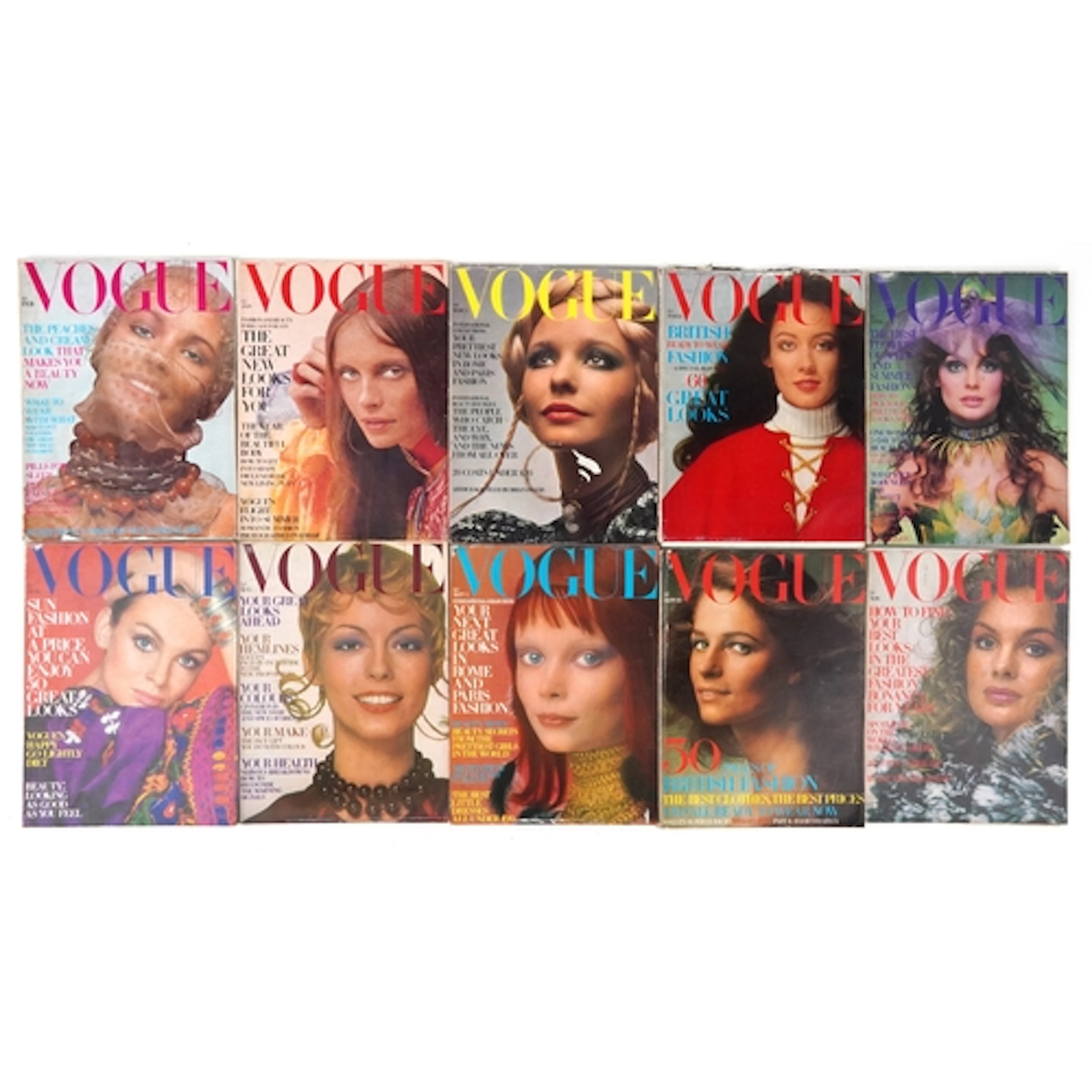 Collection of 1970 Vogue magazines.