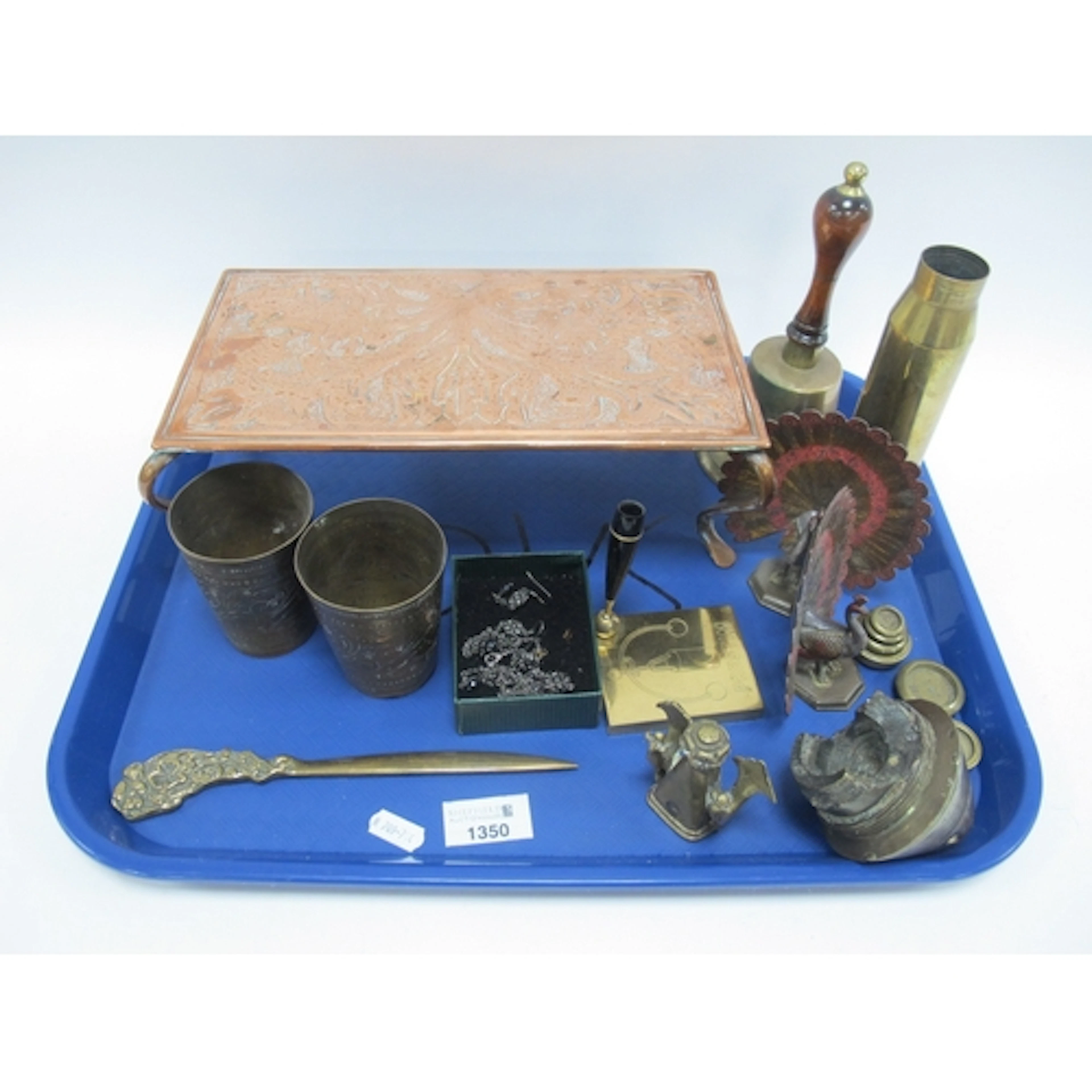 Arts and Crafts Copper Trivet Stand 30cm wide, brass bell, p...