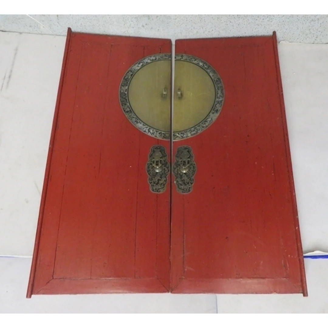 Pair Antique Chinese Red Lacquered Chinese Doors, circular b...