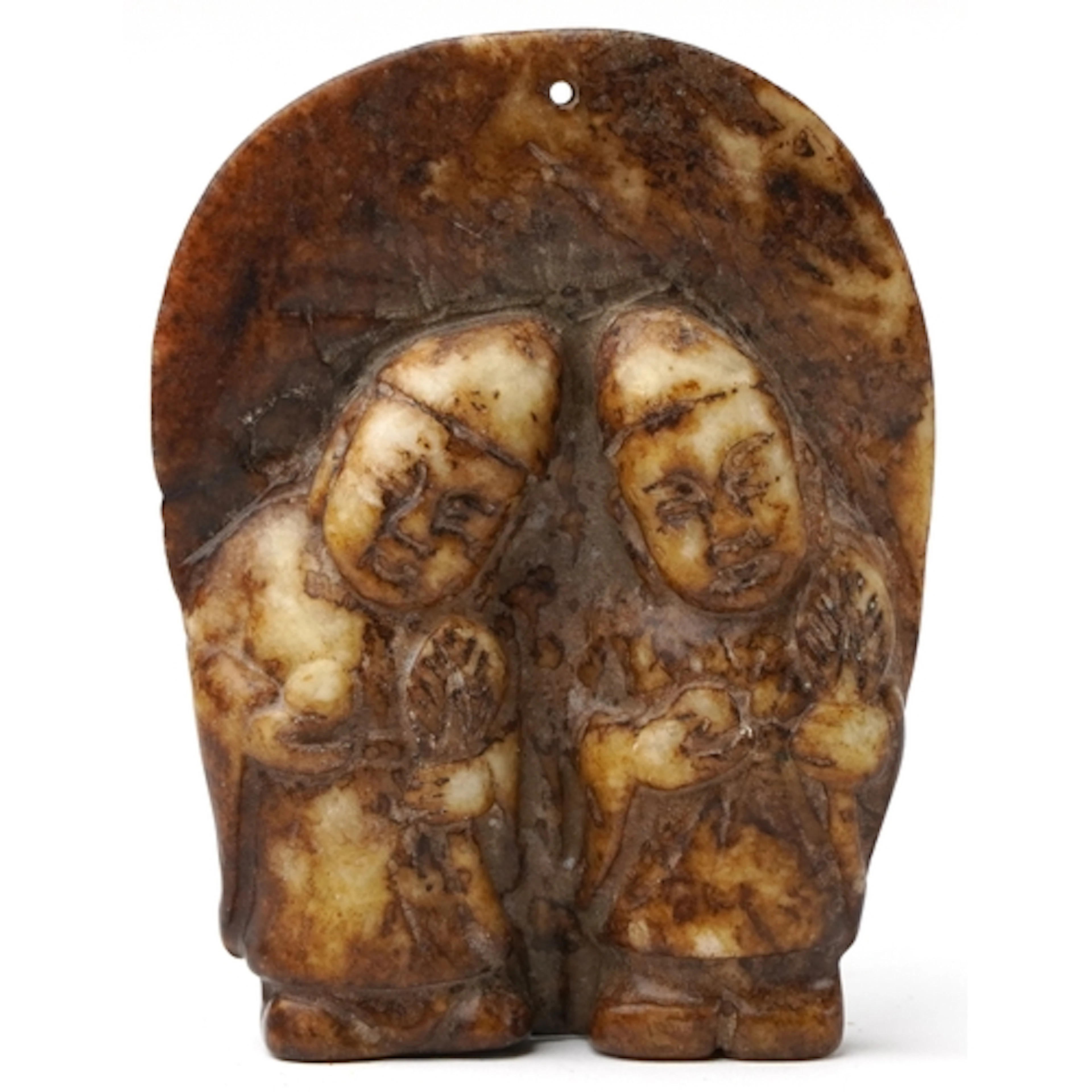 A Chinese stone pendant carved with children, tests as jade,...