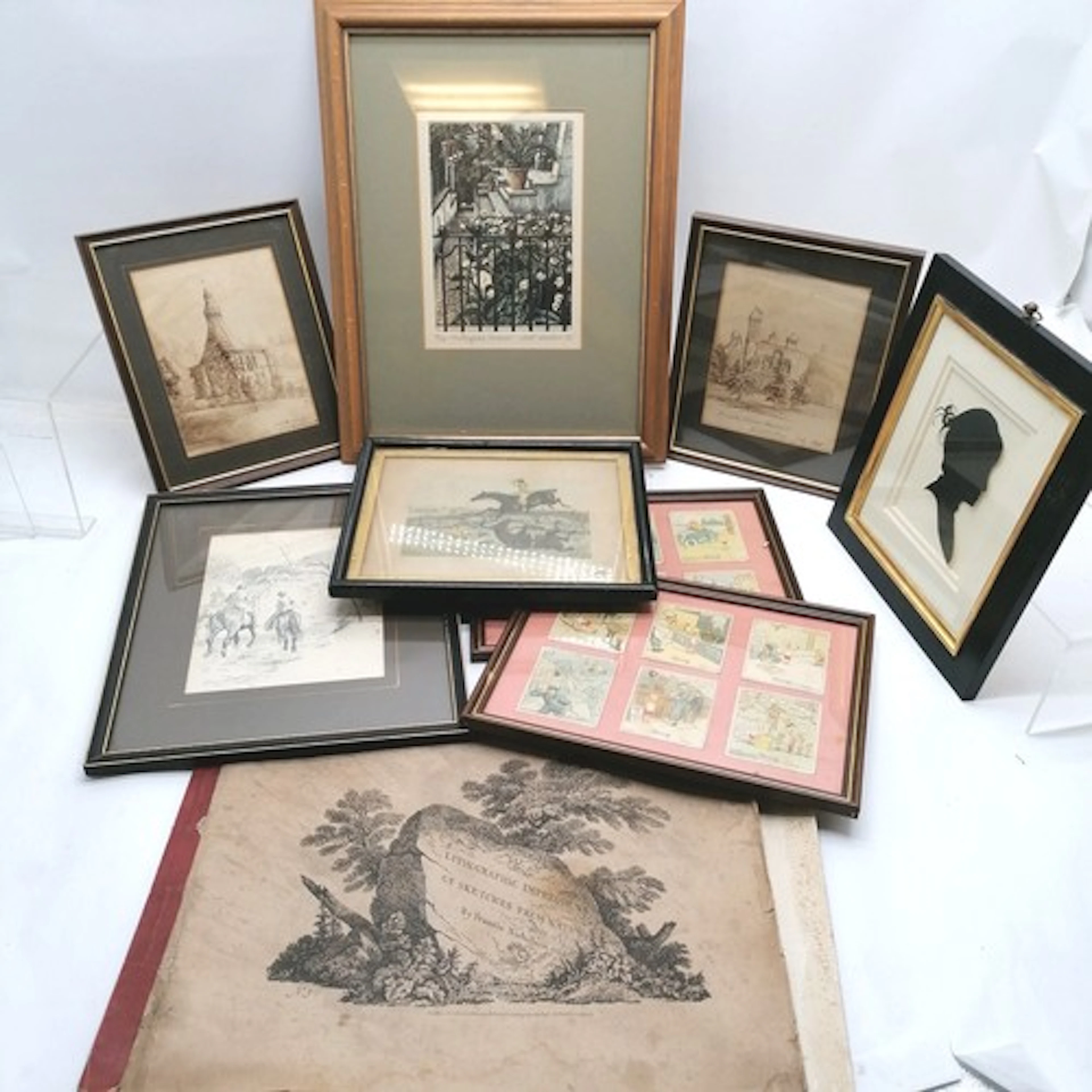 Misc lot of framed pictures inc 2 x antique watercolour stud...