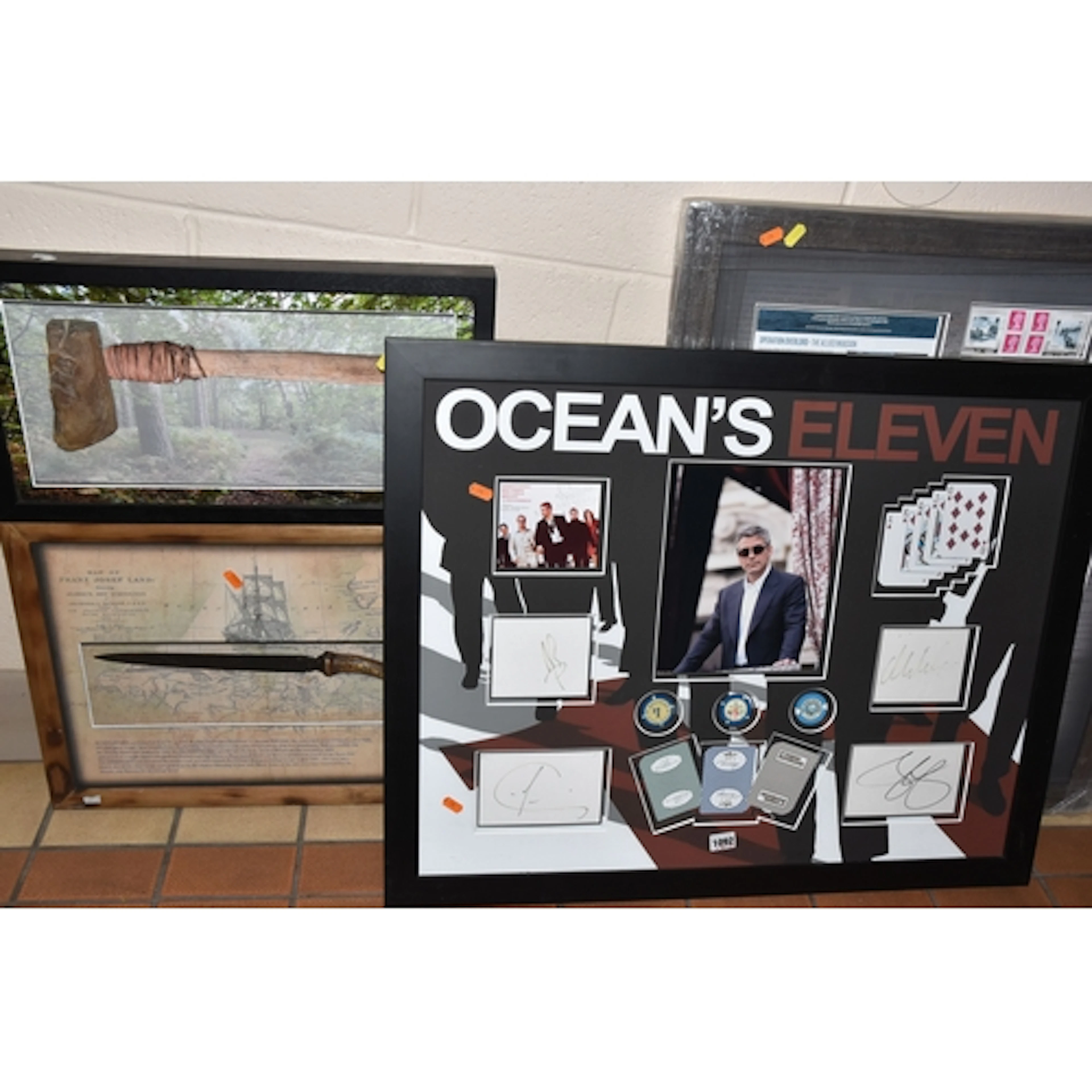 FRAMED MEMORABILIA INCLUDING OCEAN'S ELEVEN, framed poker ch...