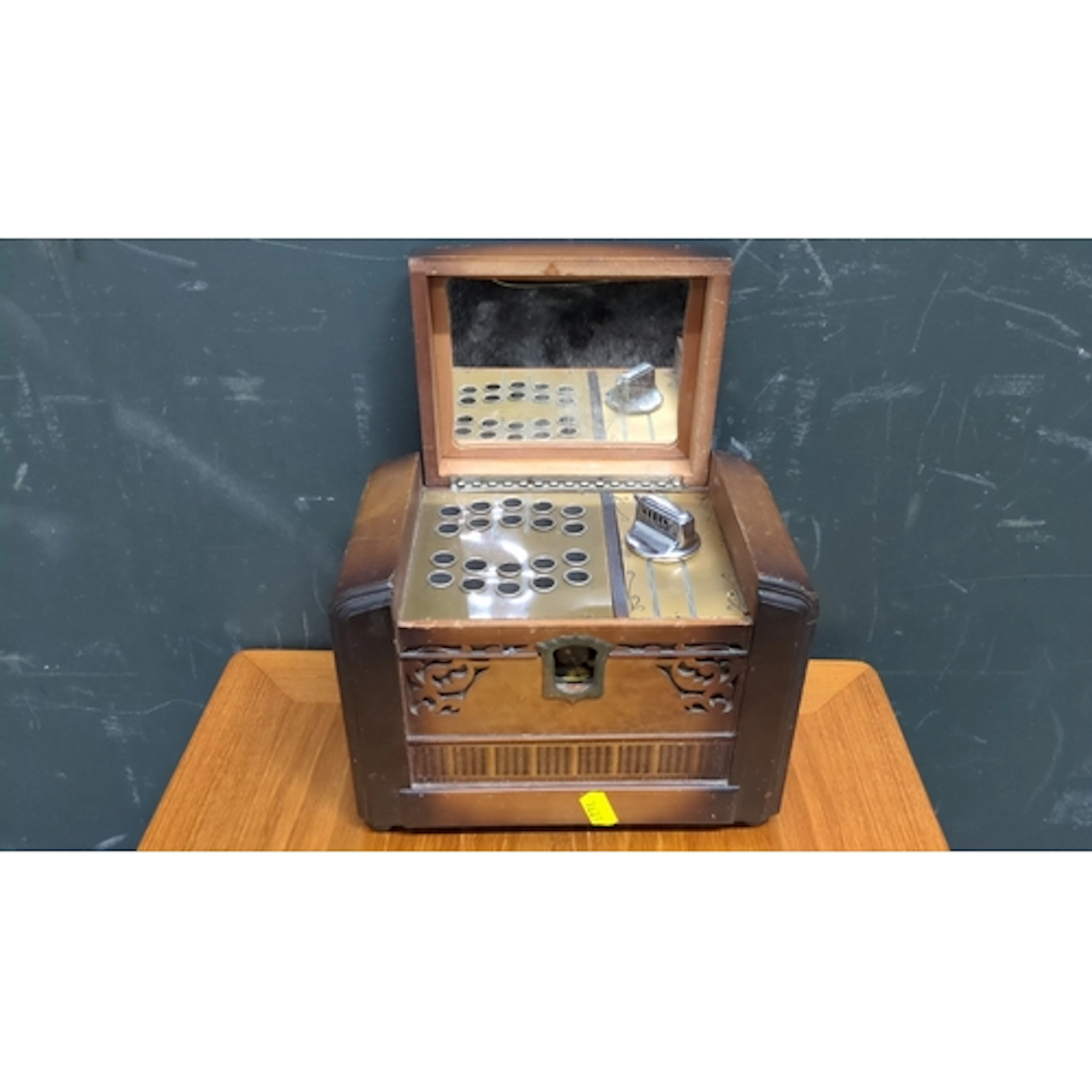 Art Deco-style wooden musical cigarette dispenser and lighte...