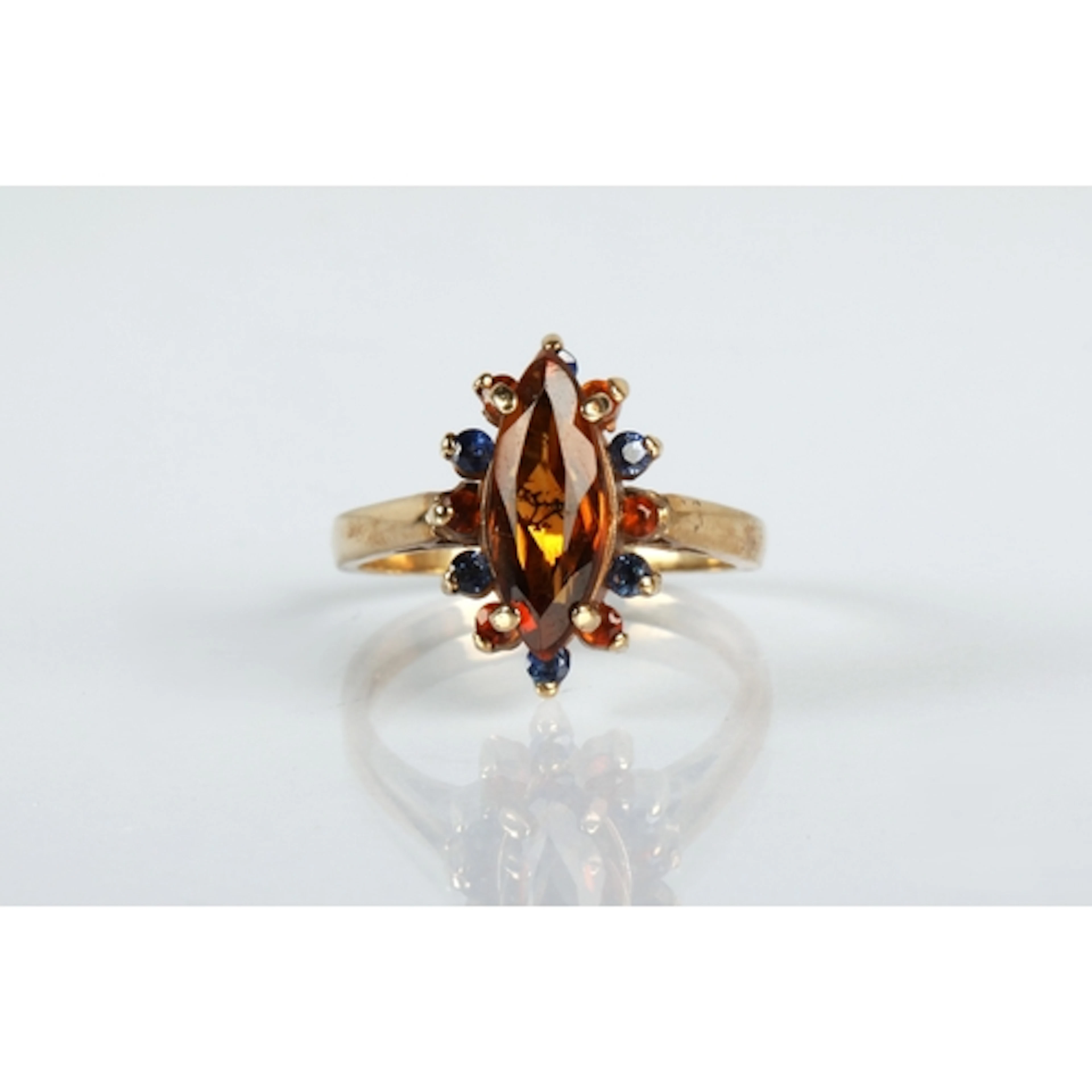 Ladies gold blue and amber gem set cluster ring, ring size L...