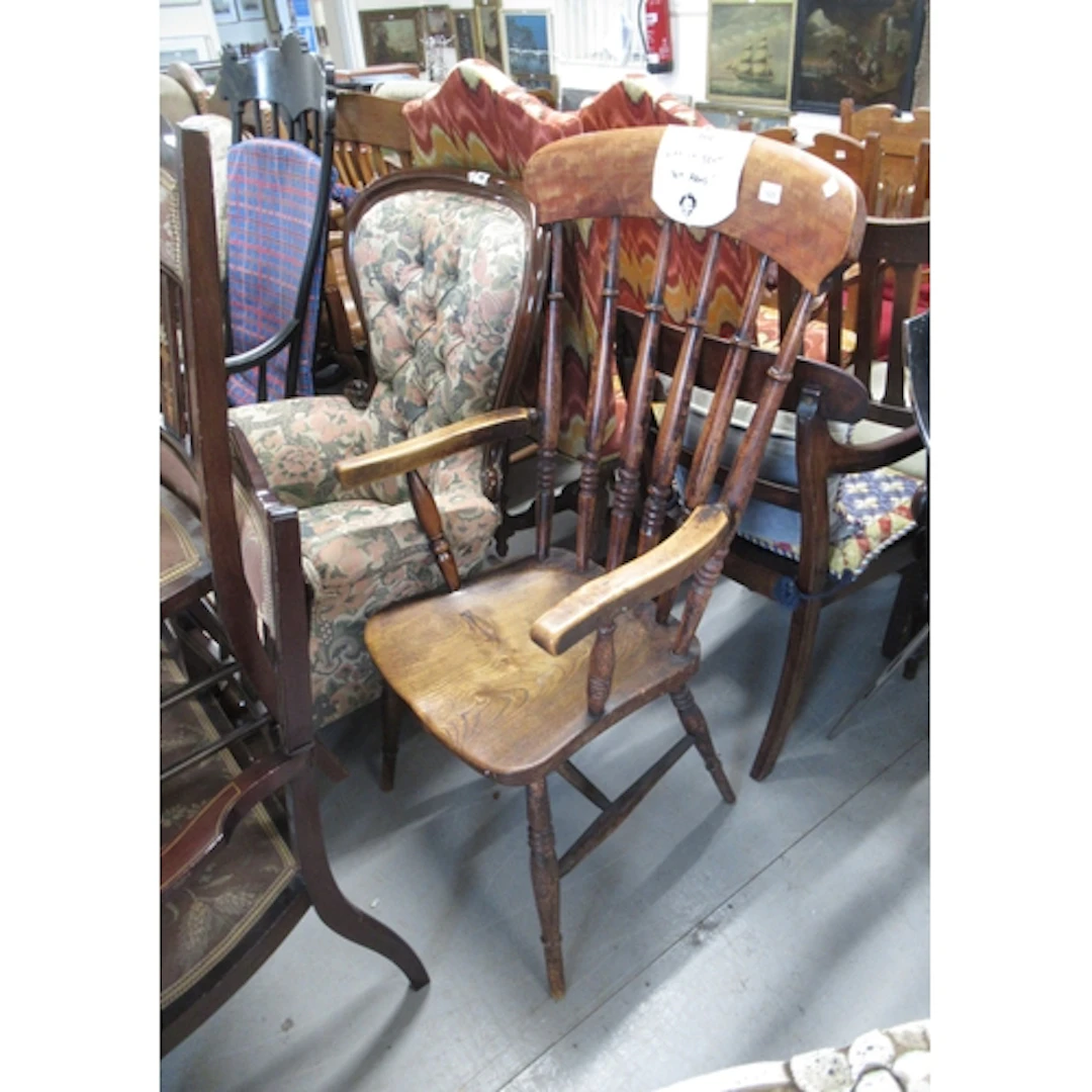 19th Century elm and beech stickback elbow chair on turned s...