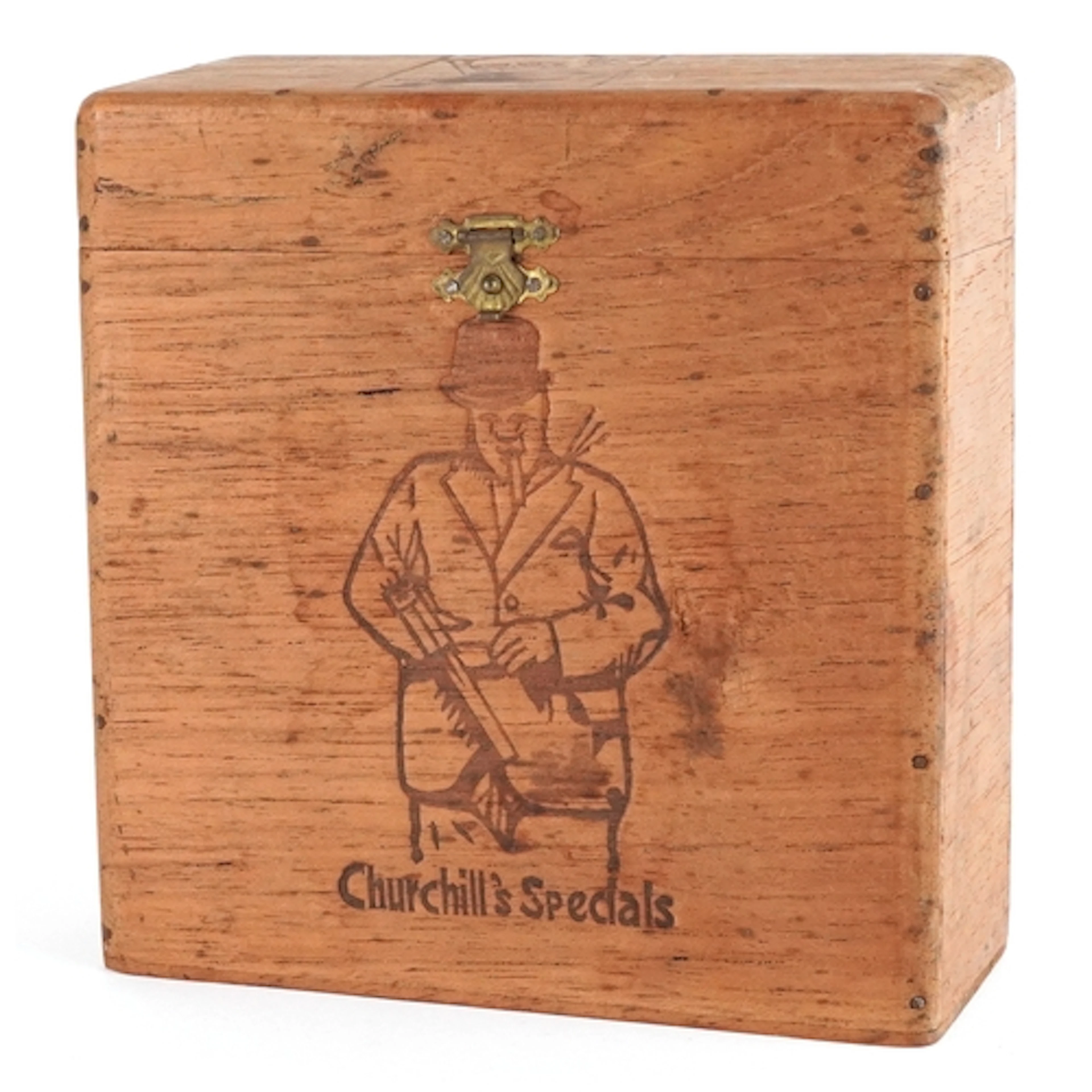Churchill's Special Cigars wooden box with pokerwork decorat...