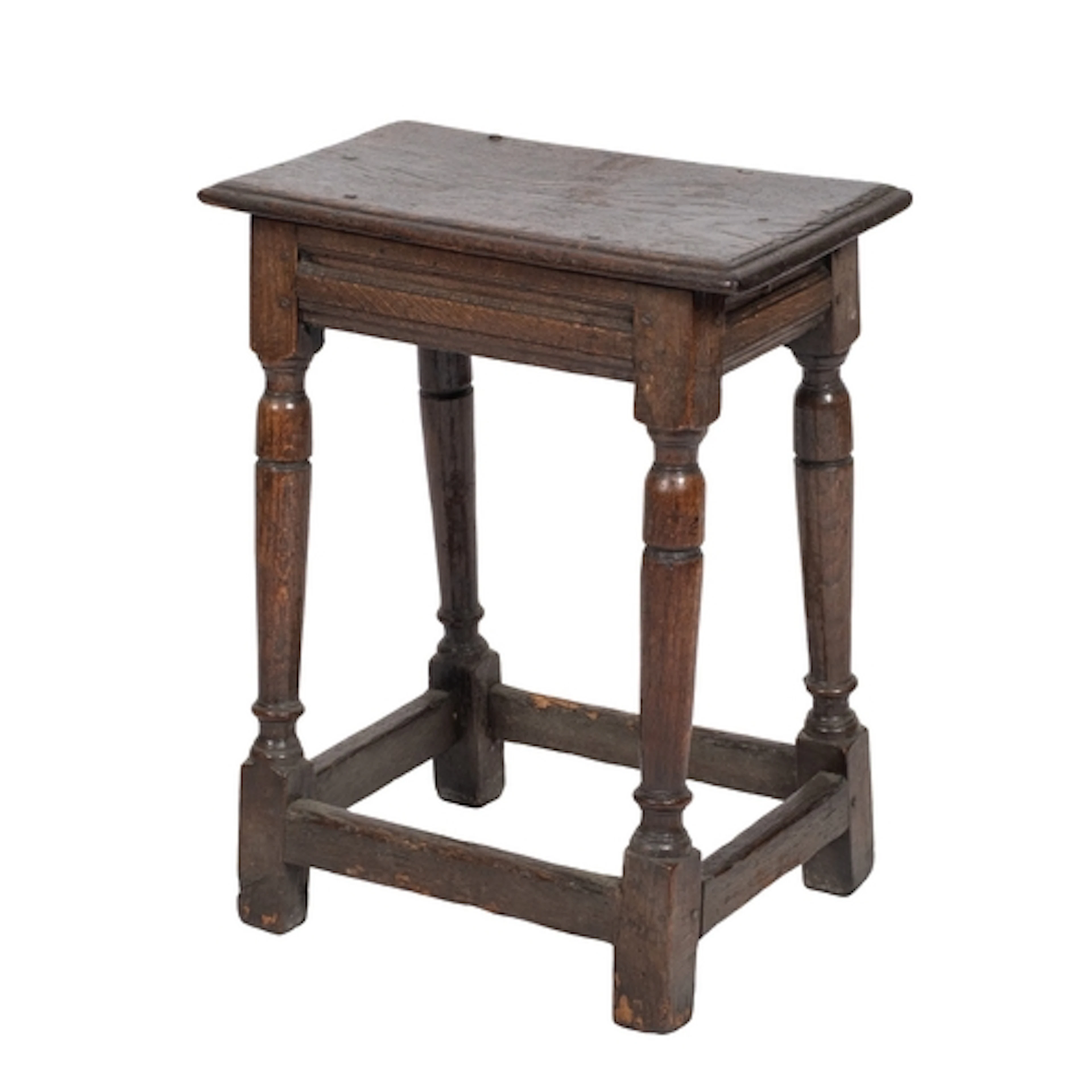 An oak joint stool, 17th century and later elements; the rec...