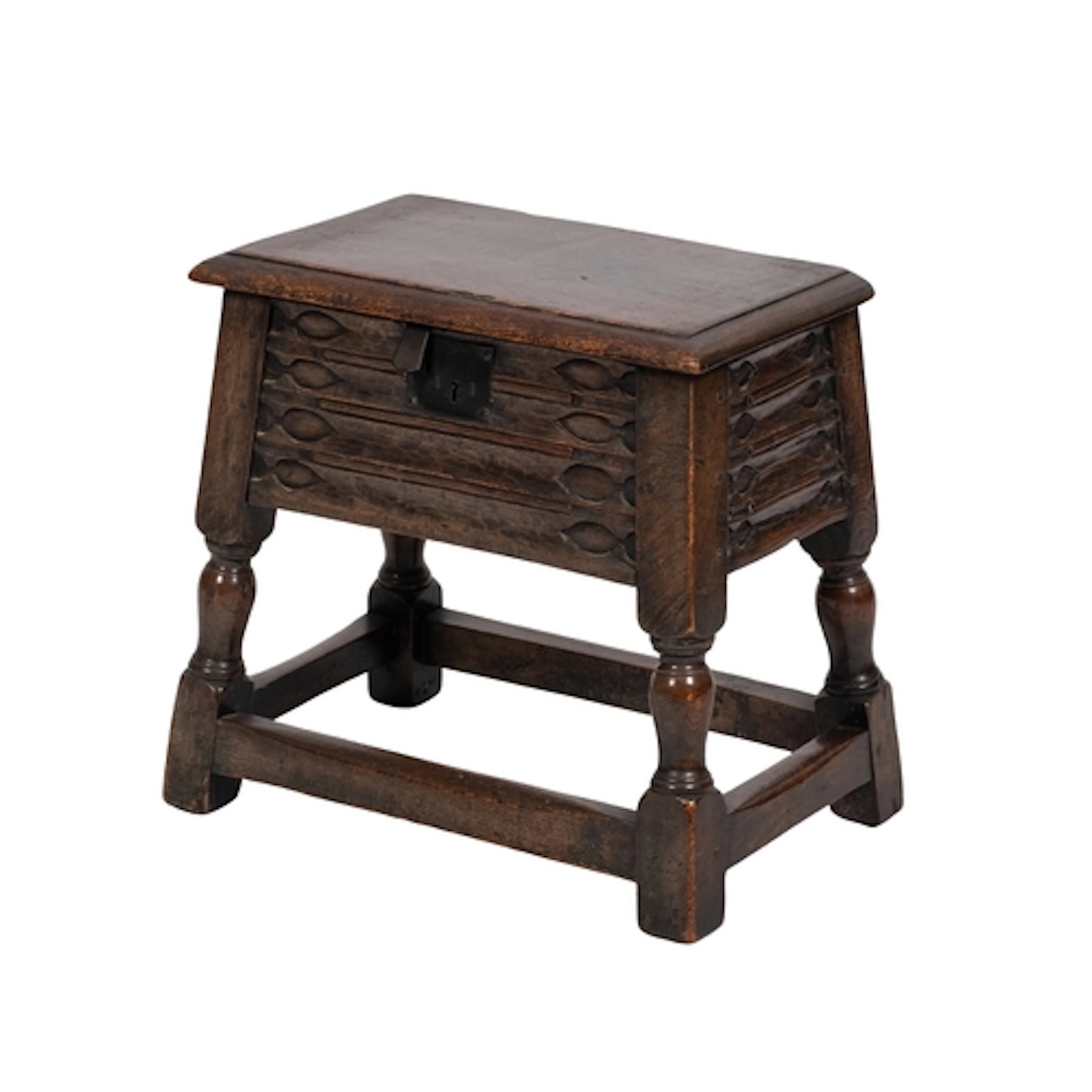 An oak box stool in 17th century style, late 19th century; t...