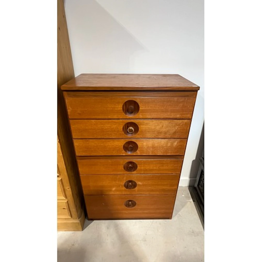 Mid Century teak six drawer tallboy, 113cm x 72cm