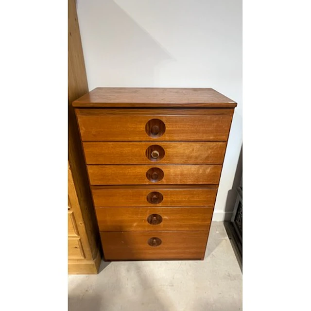 Mid Century teak six drawer tallboy, 113cm x 72cm