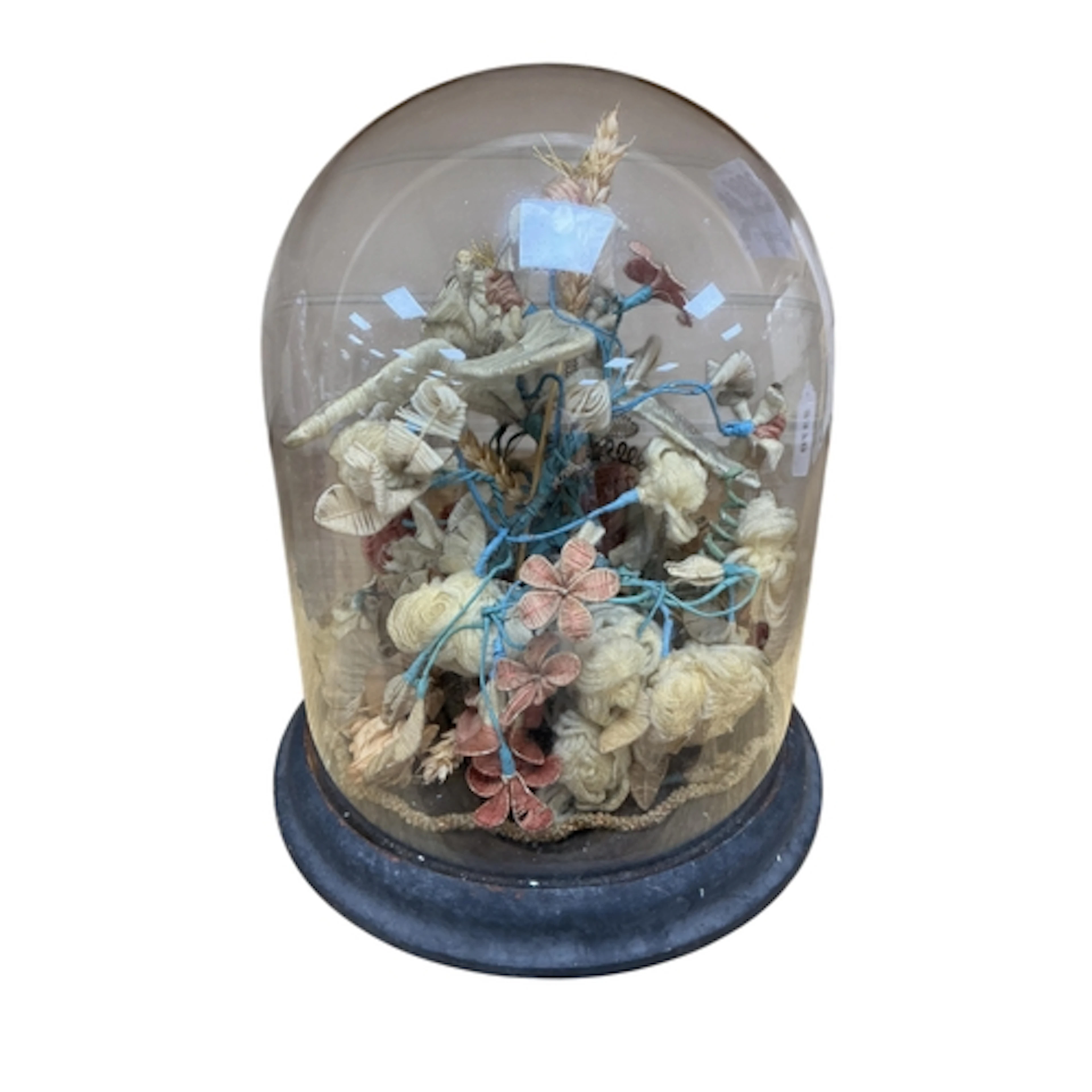 A Victorian glass parlour dome enclosing a silk and thread w...