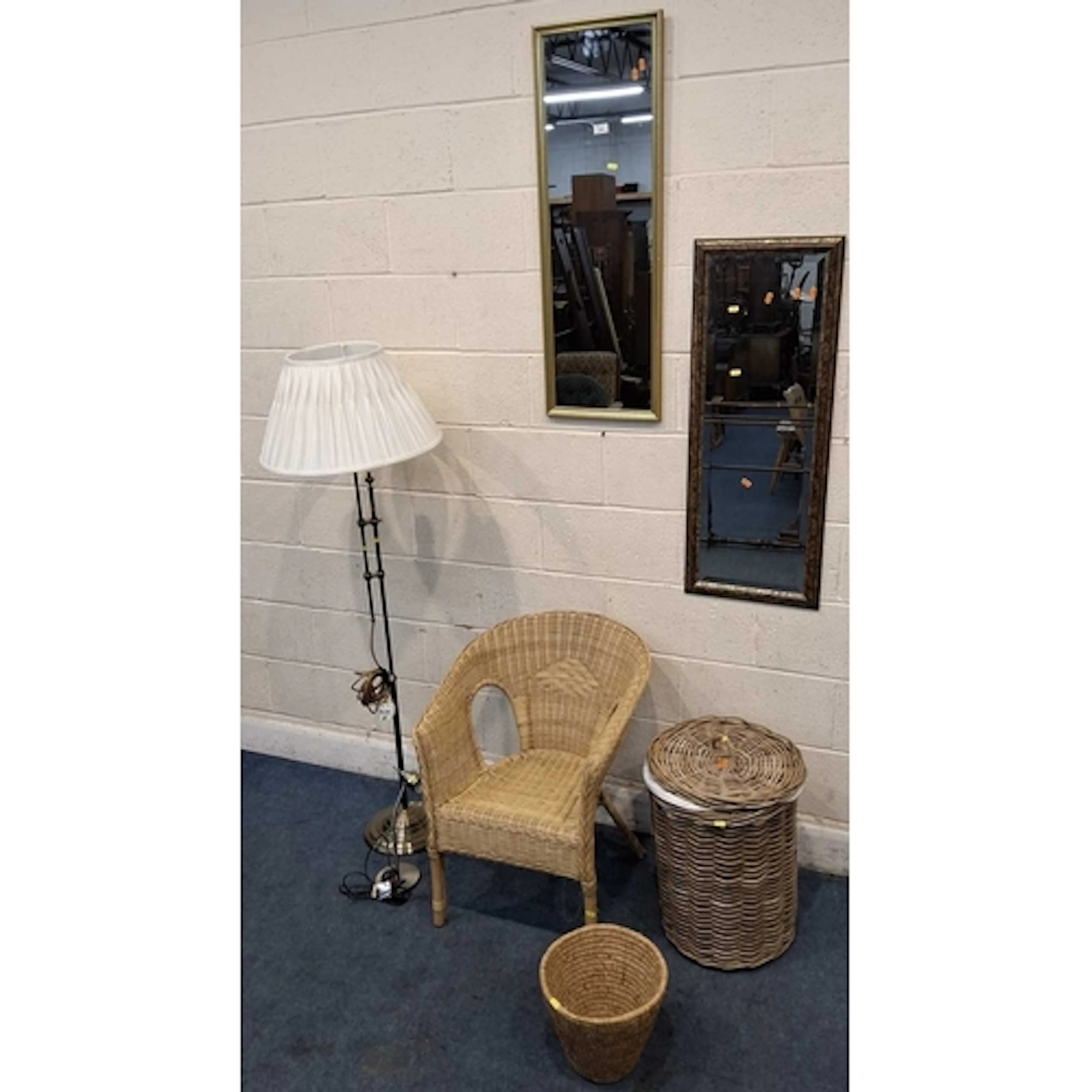 TWO WALL MIRRORS, a wicker basket, a chair, a bin, a standar...
