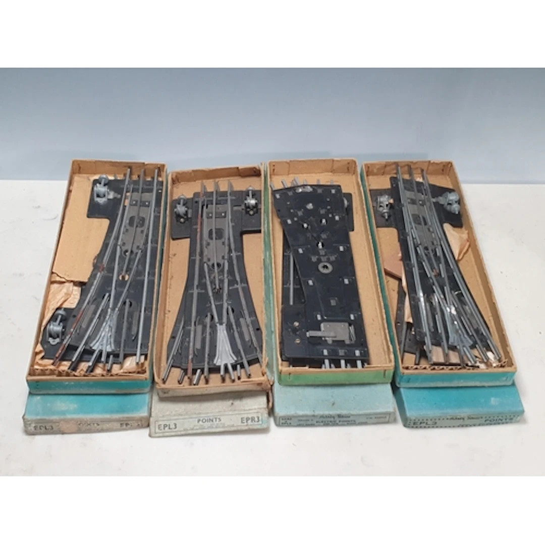 Four boxed pairs of Hornby 0 gauge steel 3-rail EPL3 and EPR...