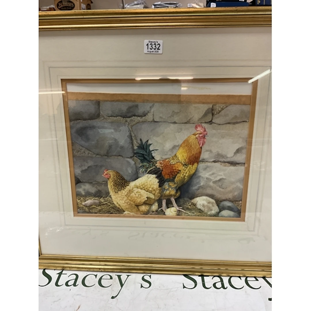 Jennifer A Bell watercolour of a Cockerel, hen and chicks, h...